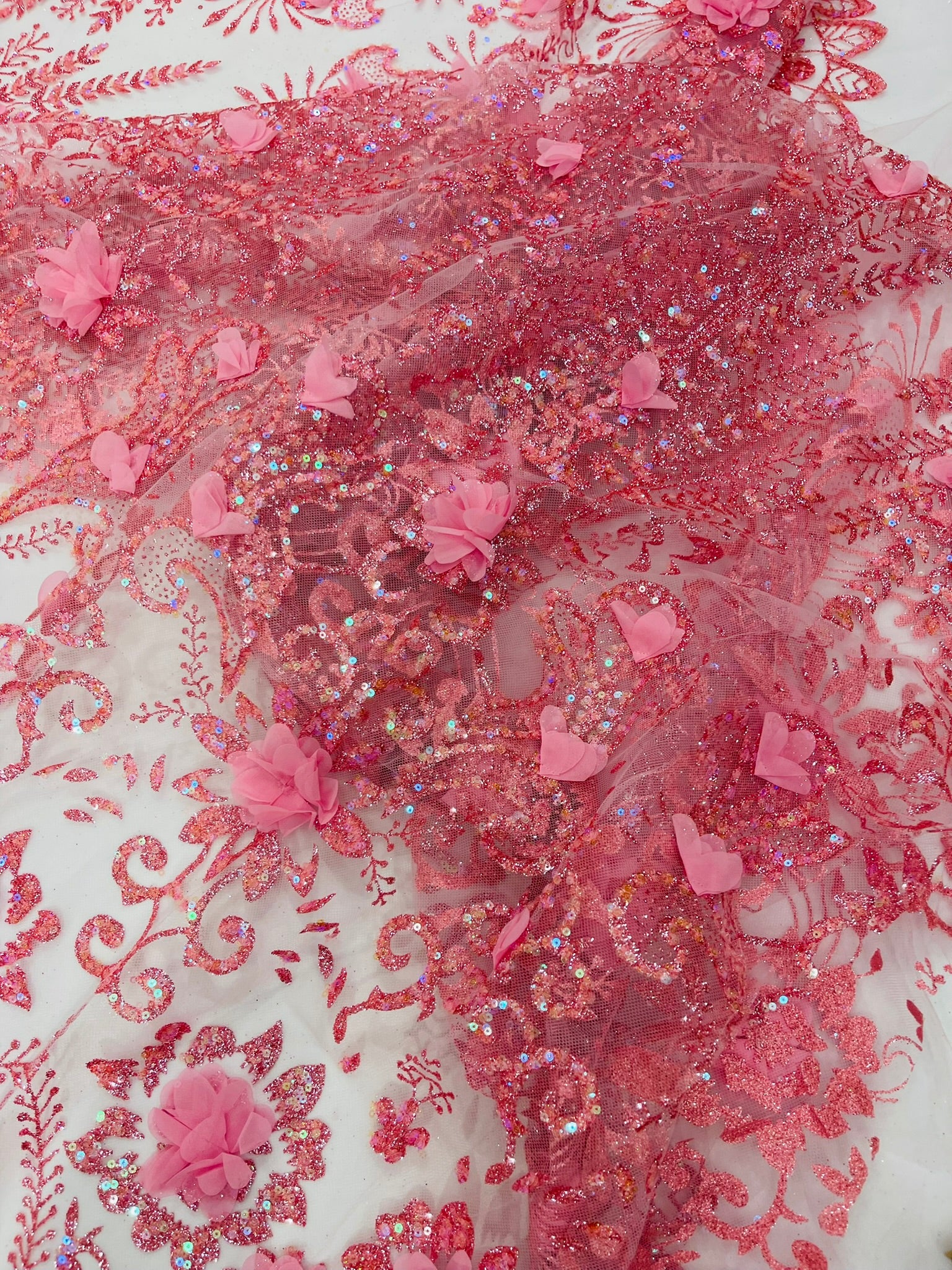 Floral 3D Palm Damask with glitter in a Mesh Lace- Sold by the yard