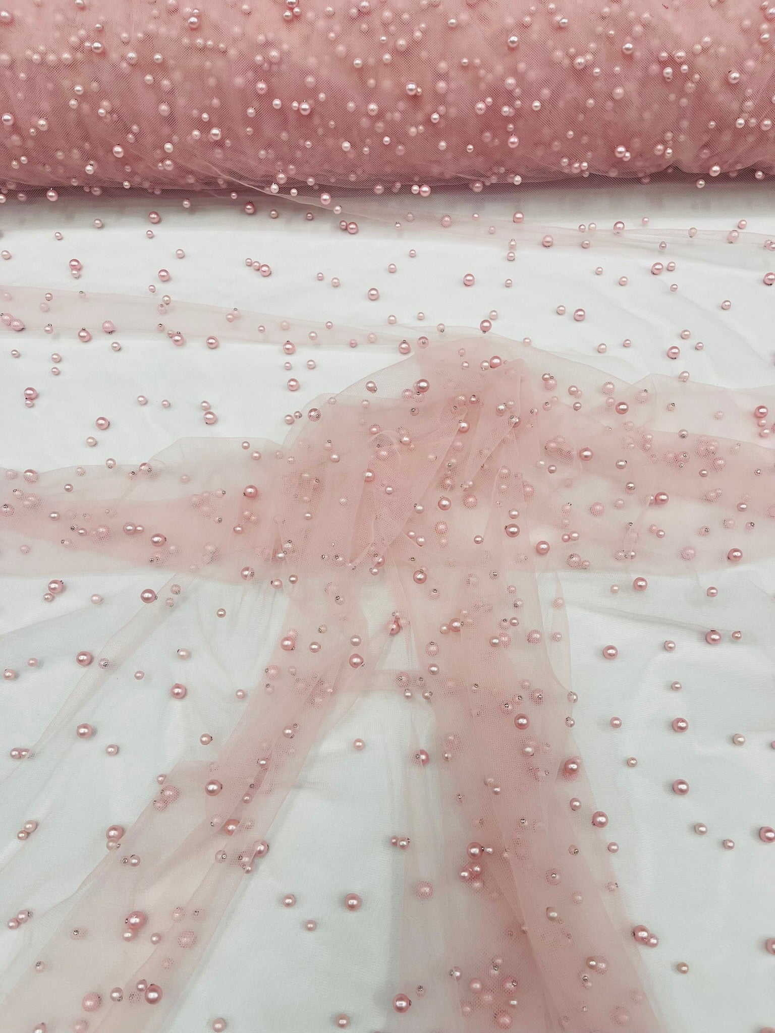 Scattered Pearls Studded Mesh, 2-Way Stretch, Sold by the yard.