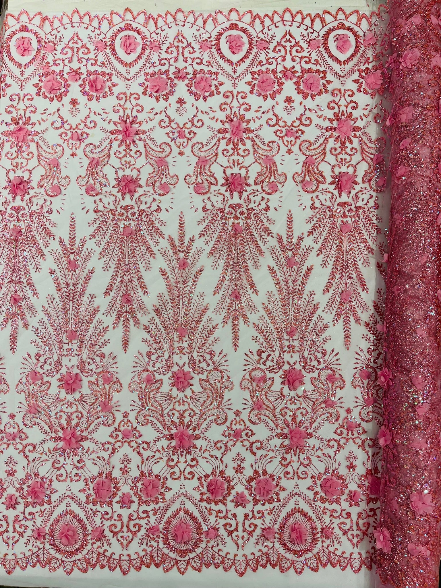 Floral 3D Palm Damask with glitter in a Mesh Lace- Sold by the yard