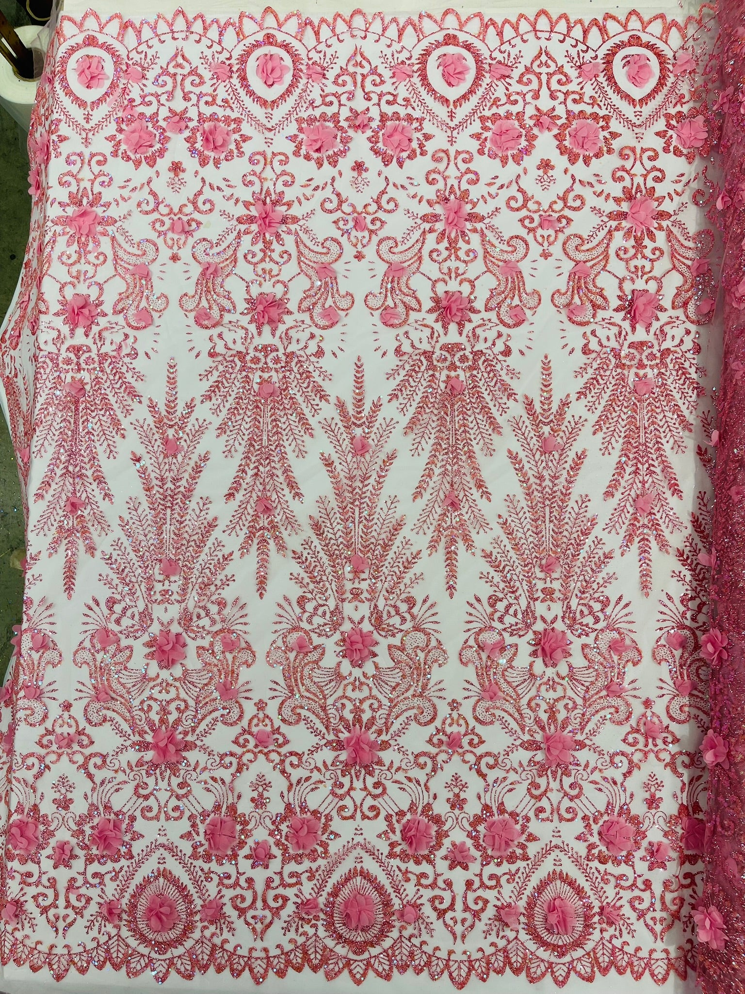Floral 3D Palm Damask with glitter in a Mesh Lace- Sold by the yard
