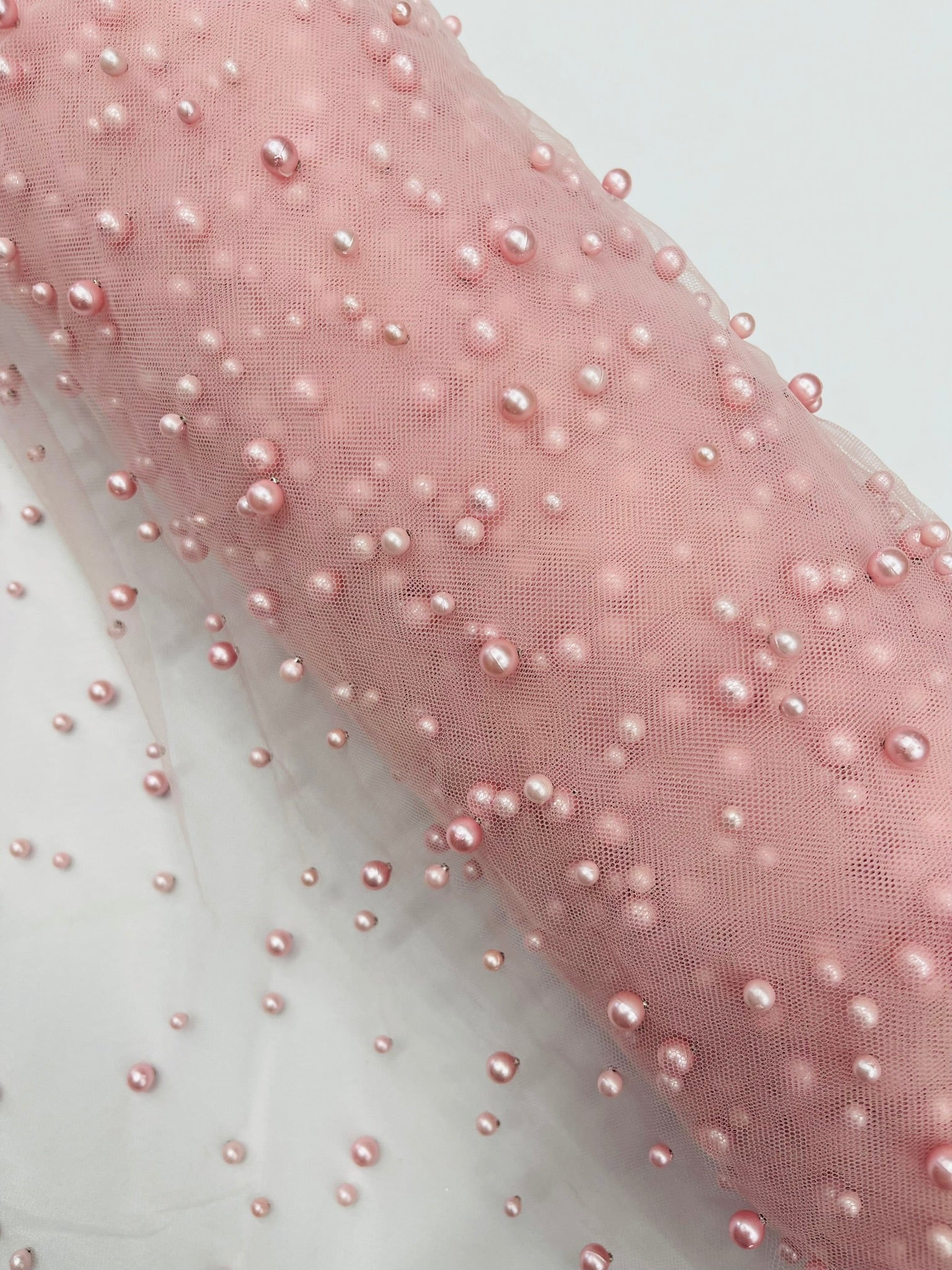 Scattered Pearls Studded Mesh, 2-Way Stretch, Sold by the yard.