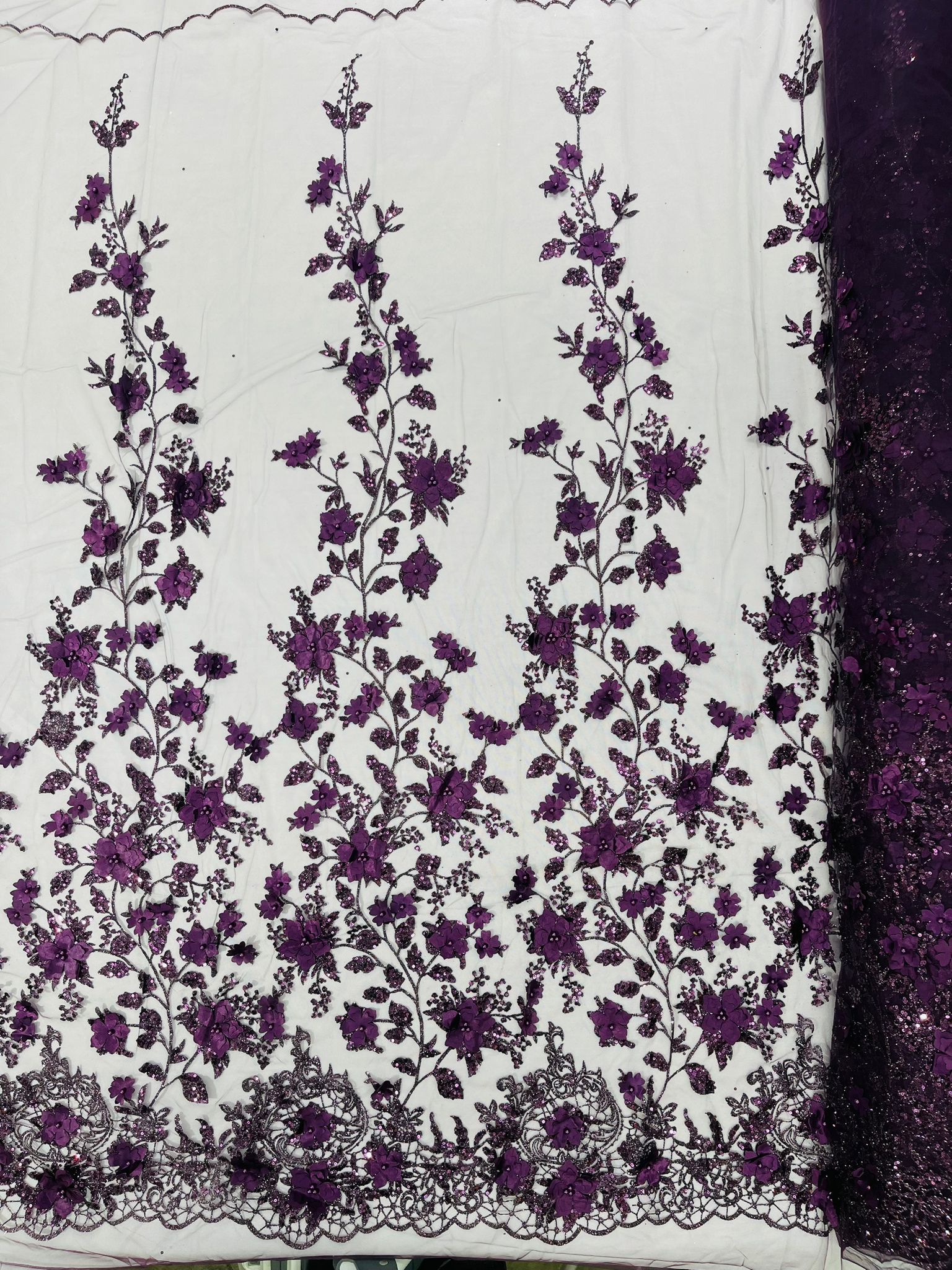 Princess Glitter 3d floral design embroidery with pearls in a mesh lace-sold by the yard.