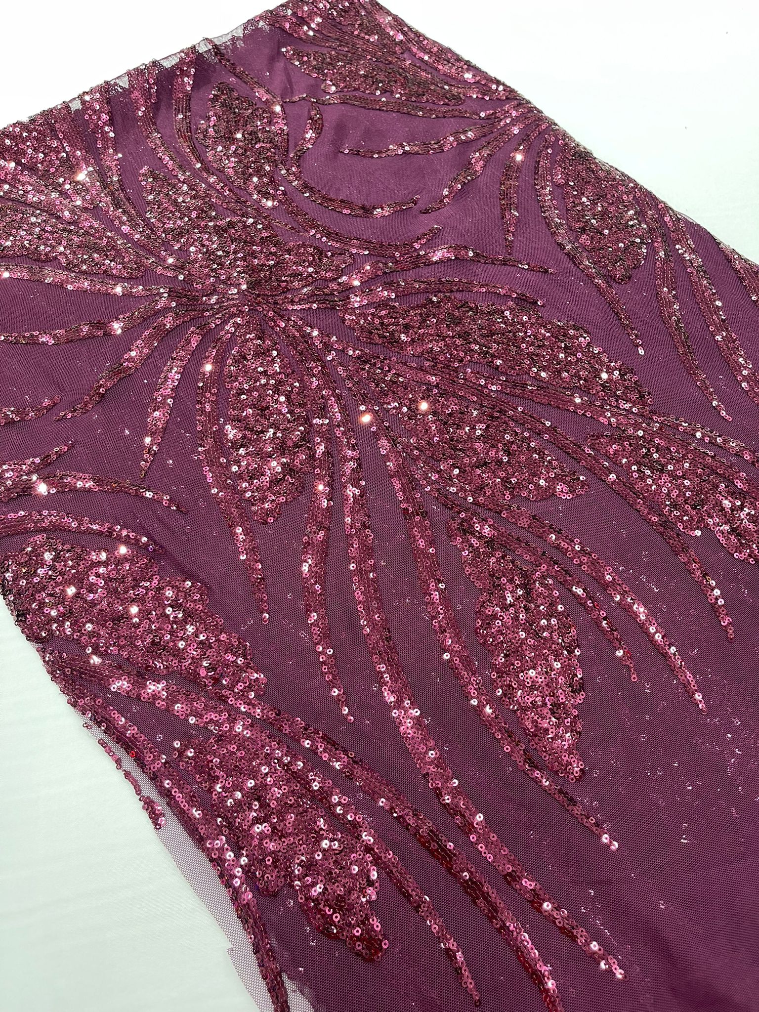 Feather damask shiny sequin design on a 4 way stretch White mesh Fabric-prom-sold by the yard.