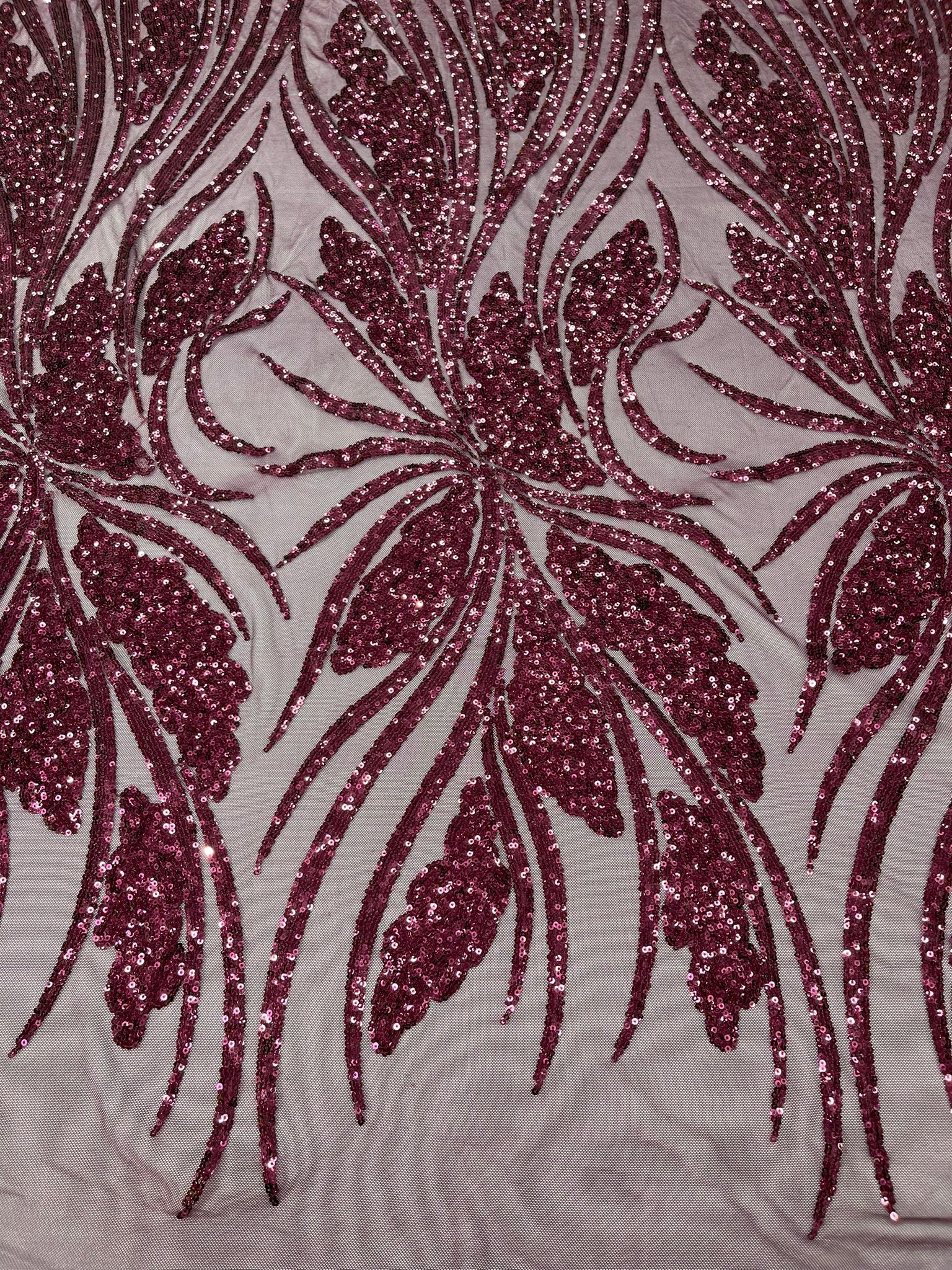 Feather damask shiny sequin design on a 4 way stretch White mesh Fabric-prom-sold by the yard.