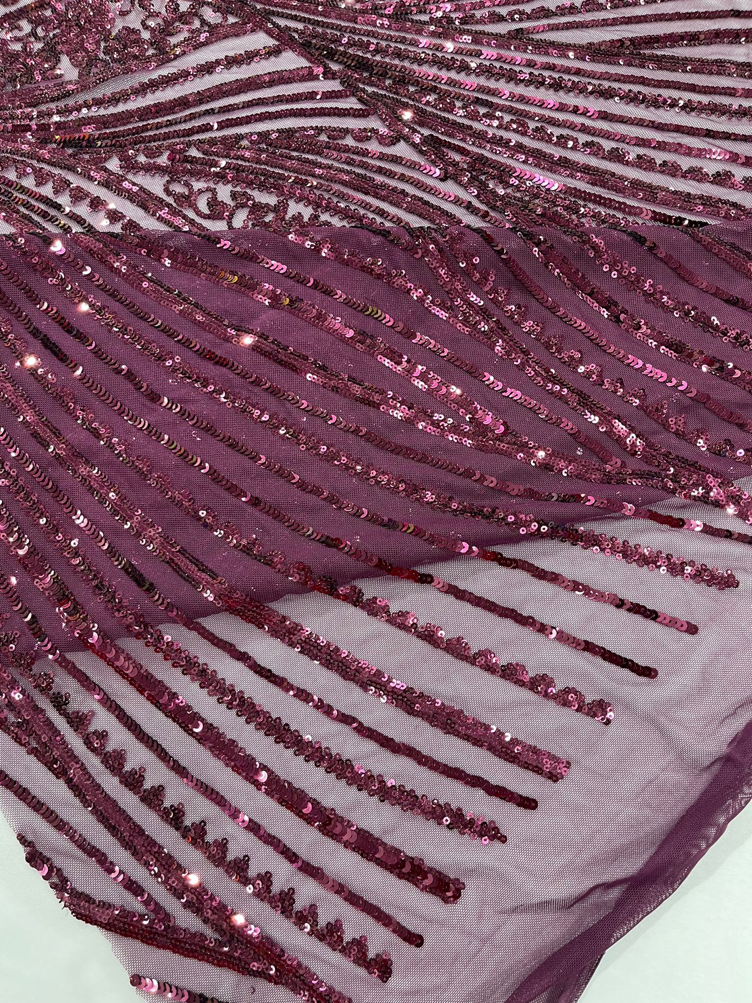 Geometric Feather wing shiny sequin design on a 4 way stretch mesh Fabric-prom-sold by the yard.