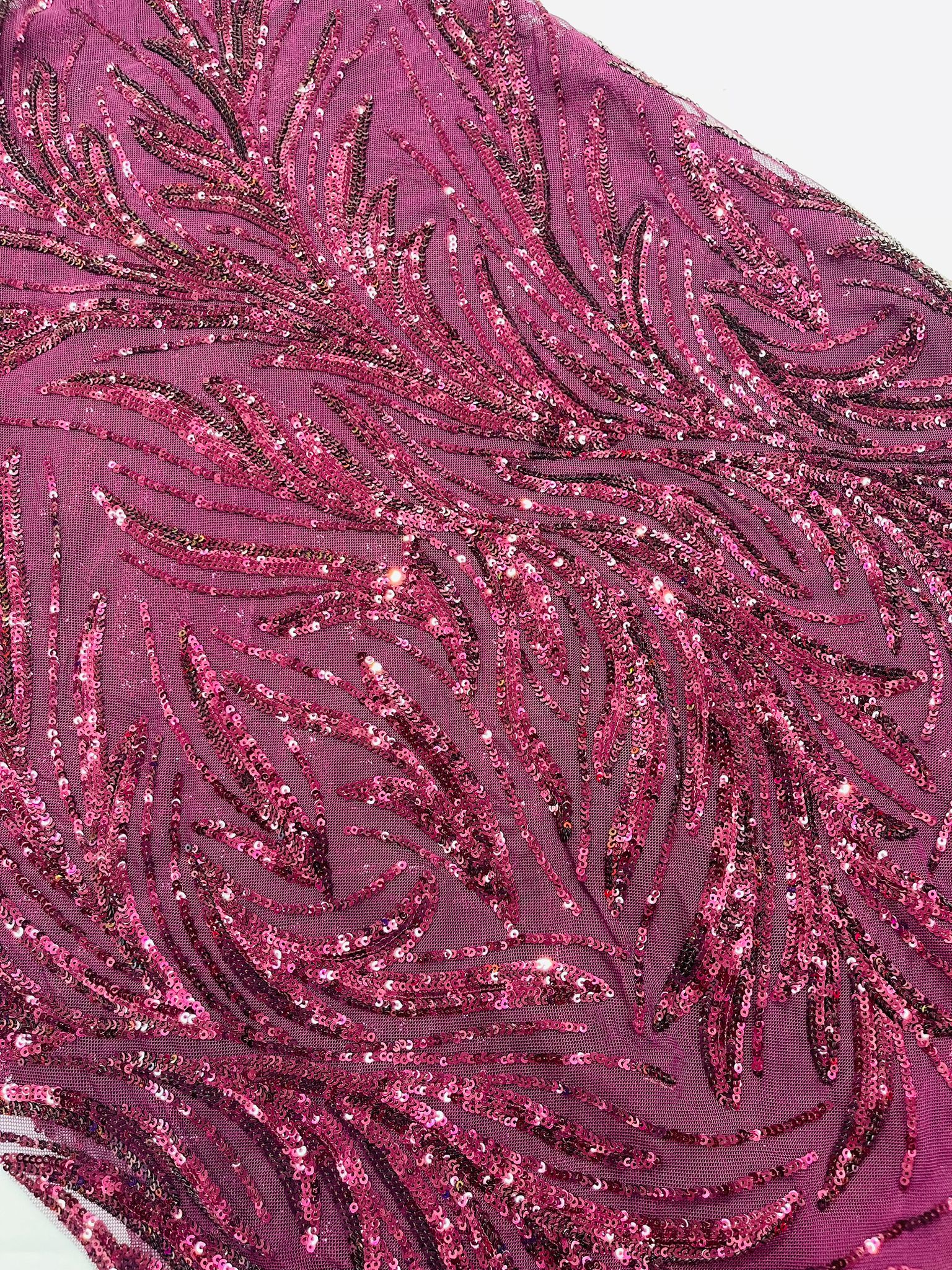 Feather Wing Shiny Sequin Design on a 4 Way Stretch mesh Fabric-Prom-Sold by The Yard.