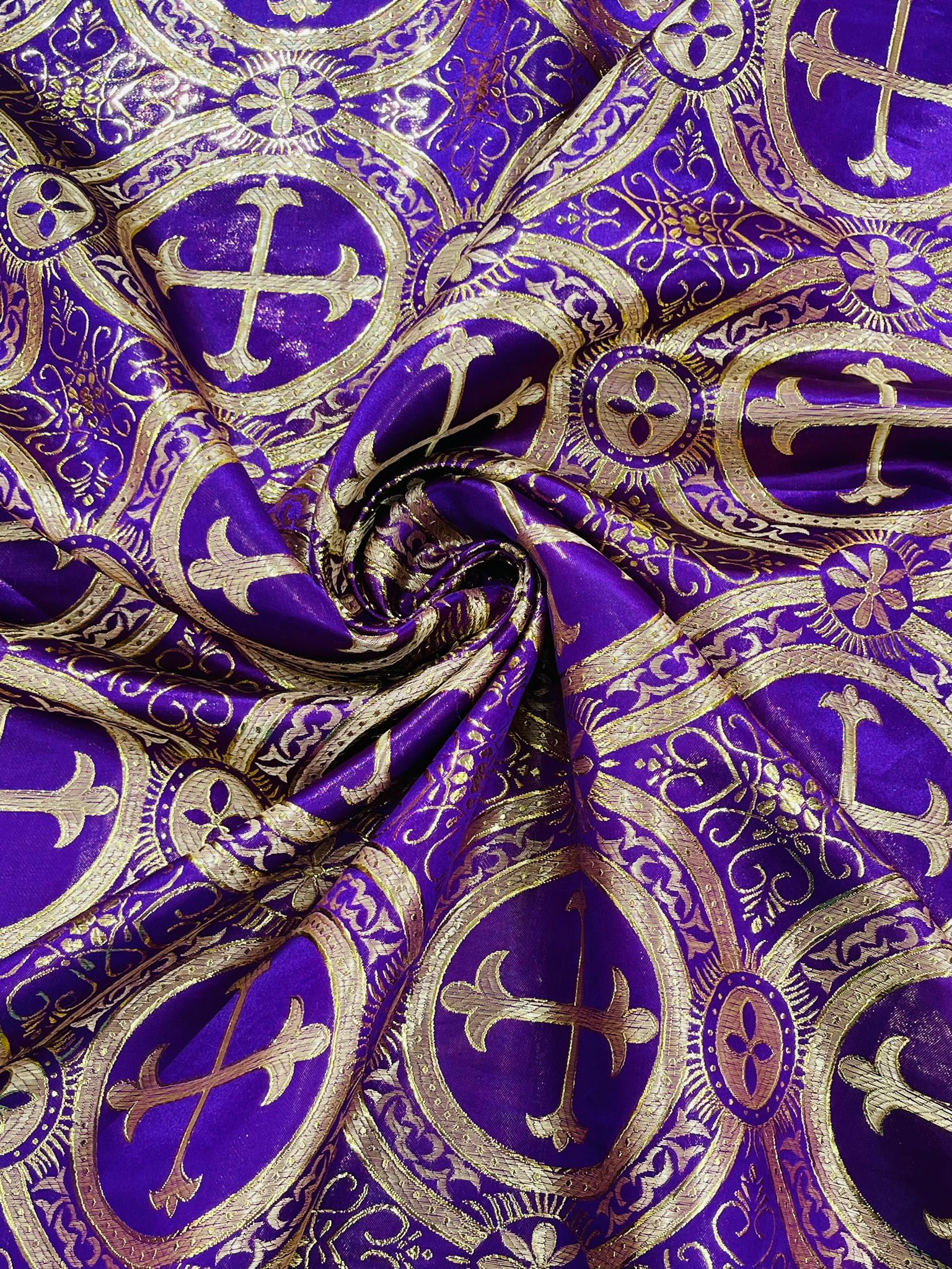 Purple/Gold - Square Metallic Cross Brocade Jacquard Satin Table Overlay/Religious Brocade/Liturgical Fabric/Church.