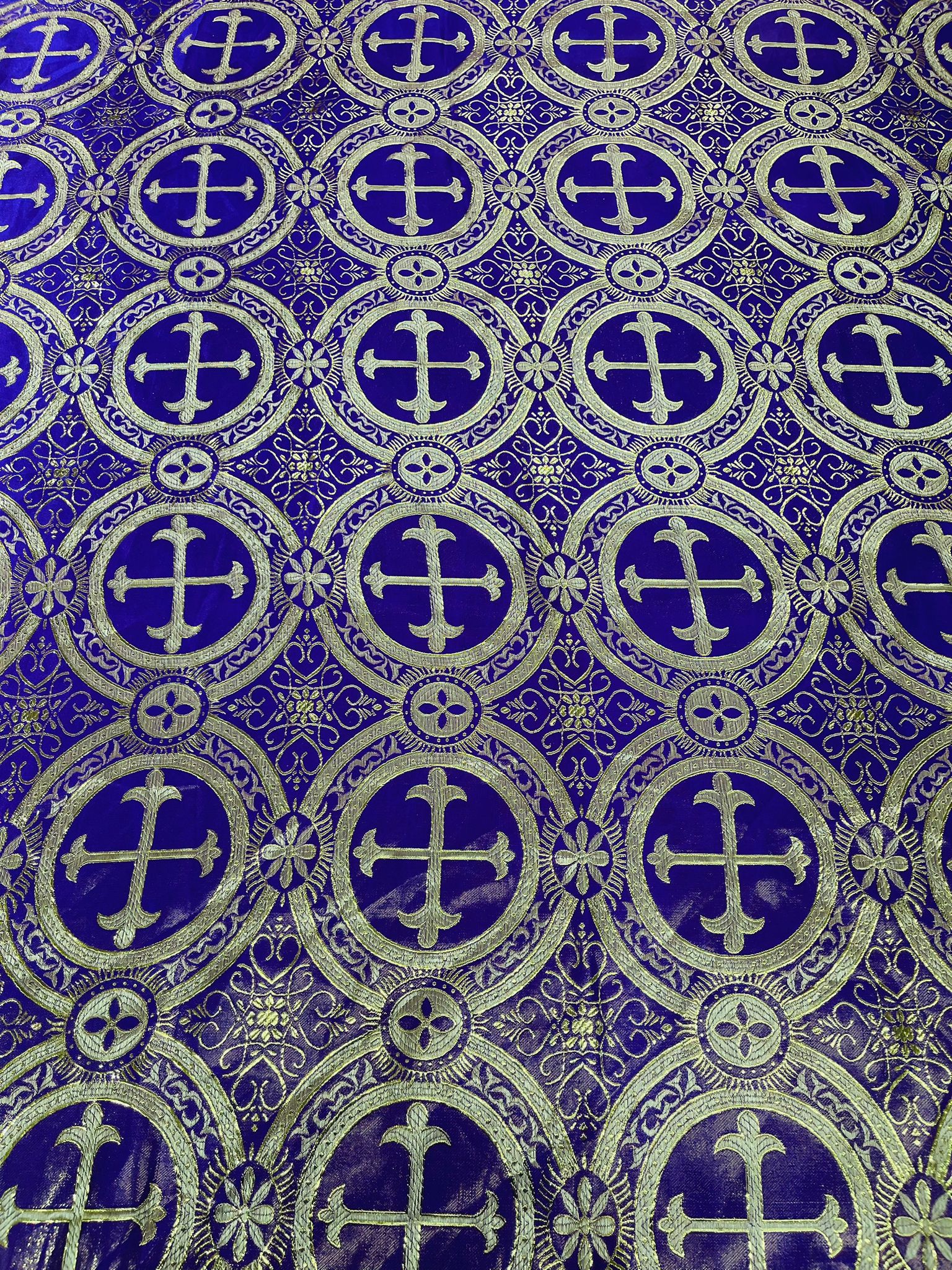 Purple/Gold - Square Metallic Cross Brocade Jacquard Satin Table Overlay/Religious Brocade/Liturgical Fabric/Church.