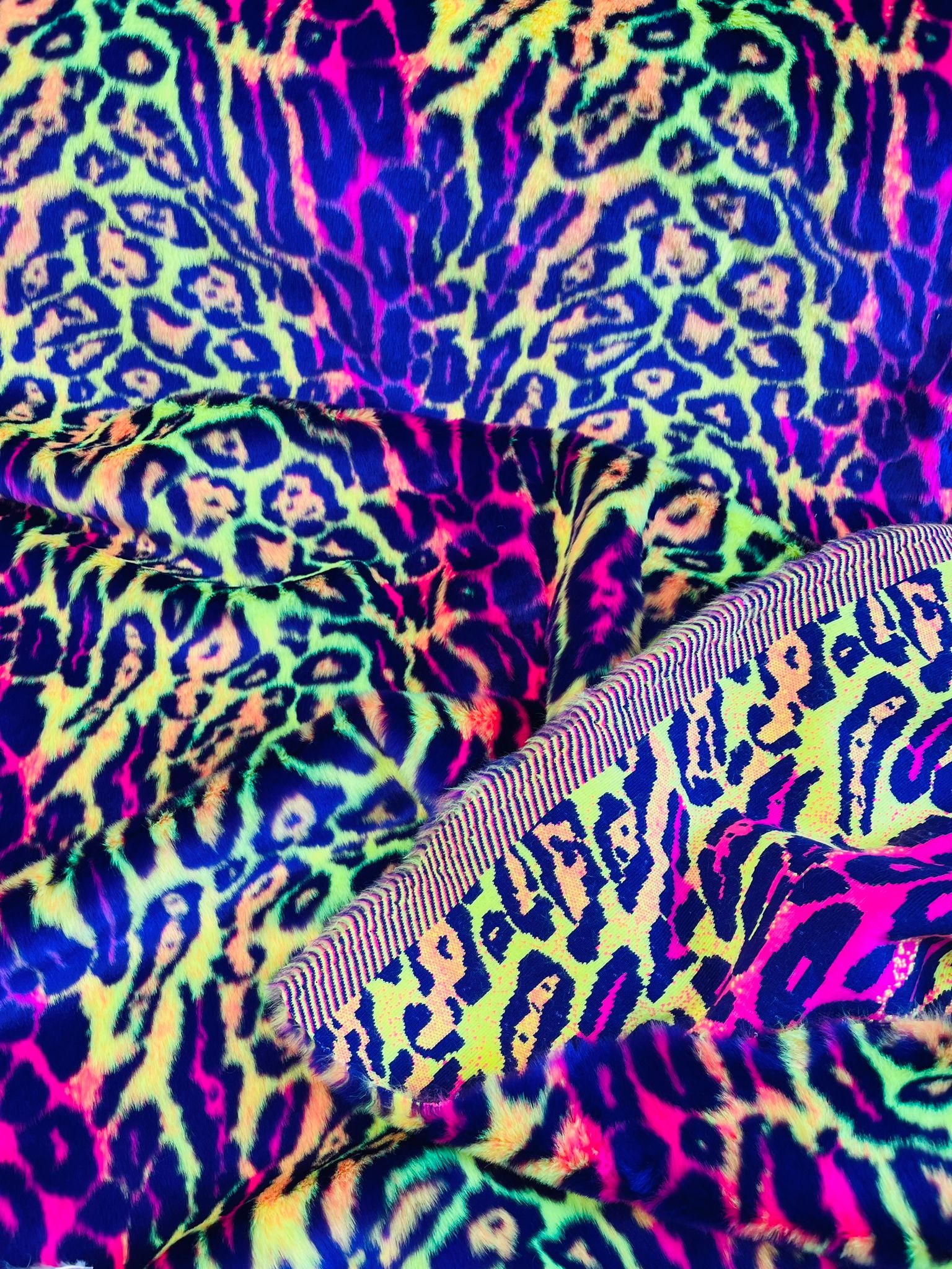 Leopard Tie Dyed Faux Fur, Black Light Reflective (by the yard)