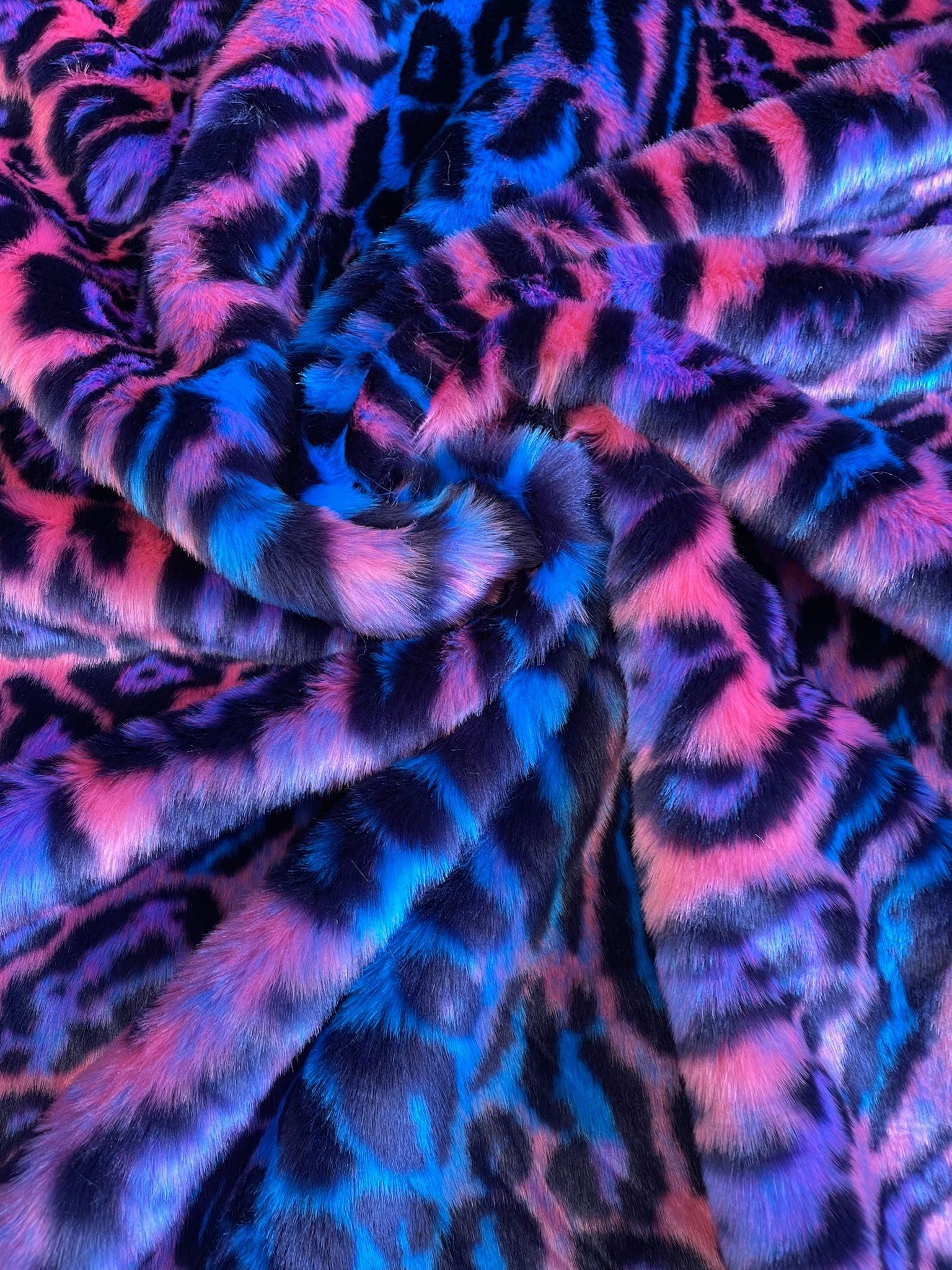 Leopard Tie Dyed Faux Fur, Black Light Reflective (by the yard)