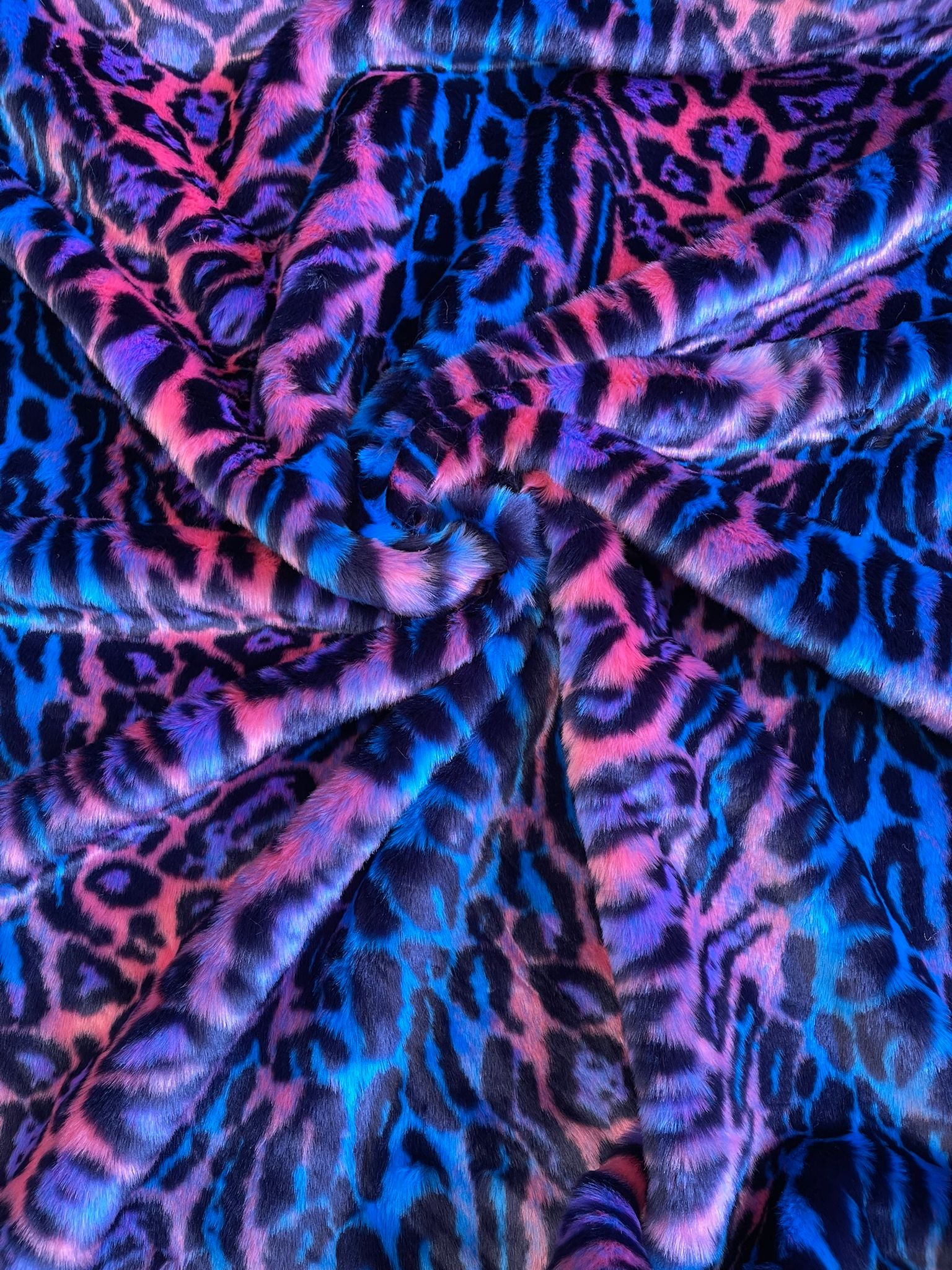 Leopard Tie Dyed Faux Fur, Black Light Reflective (by the yard)