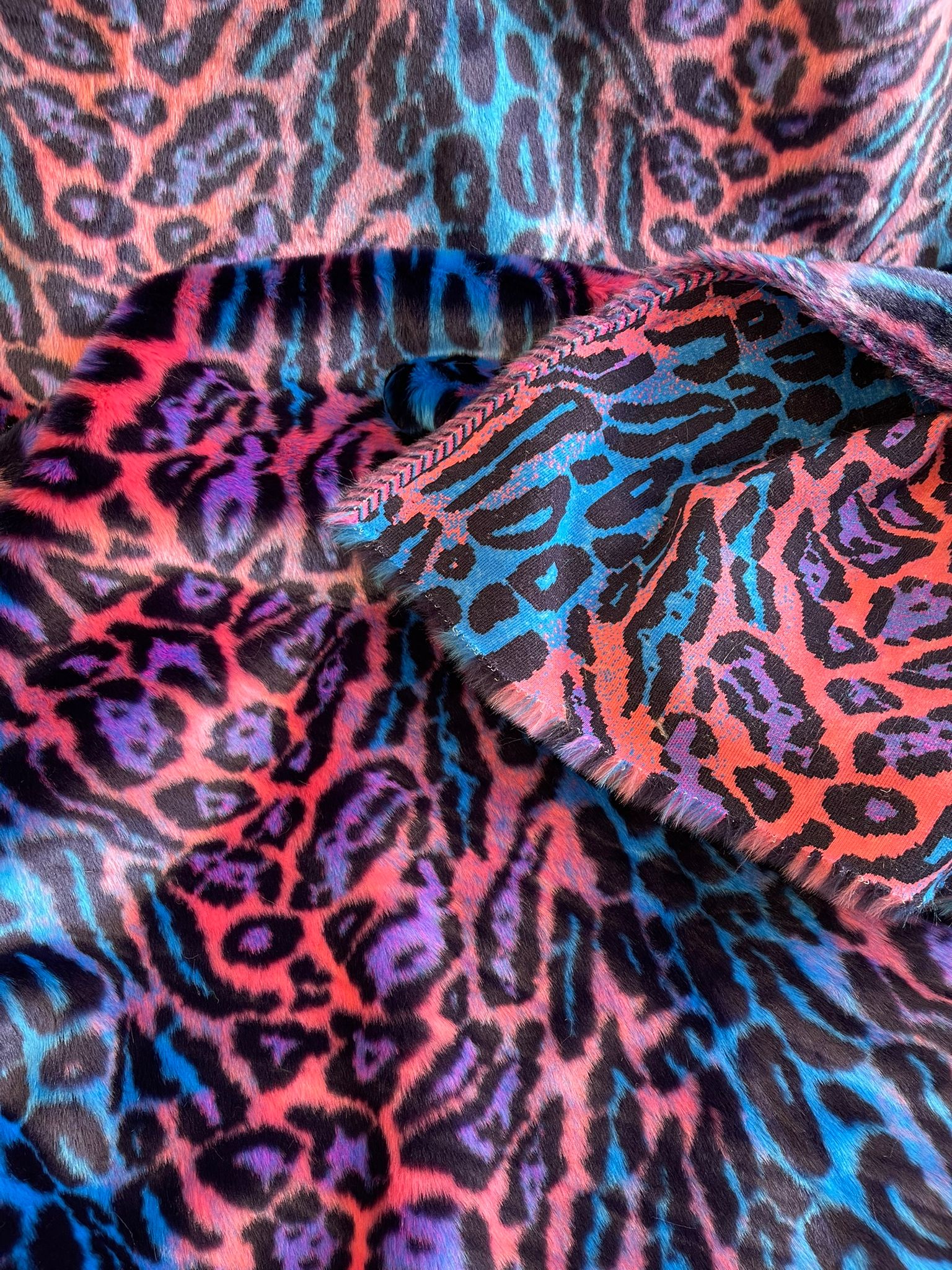 Leopard Tie Dyed Faux Fur, Black Light Reflective (by the yard)