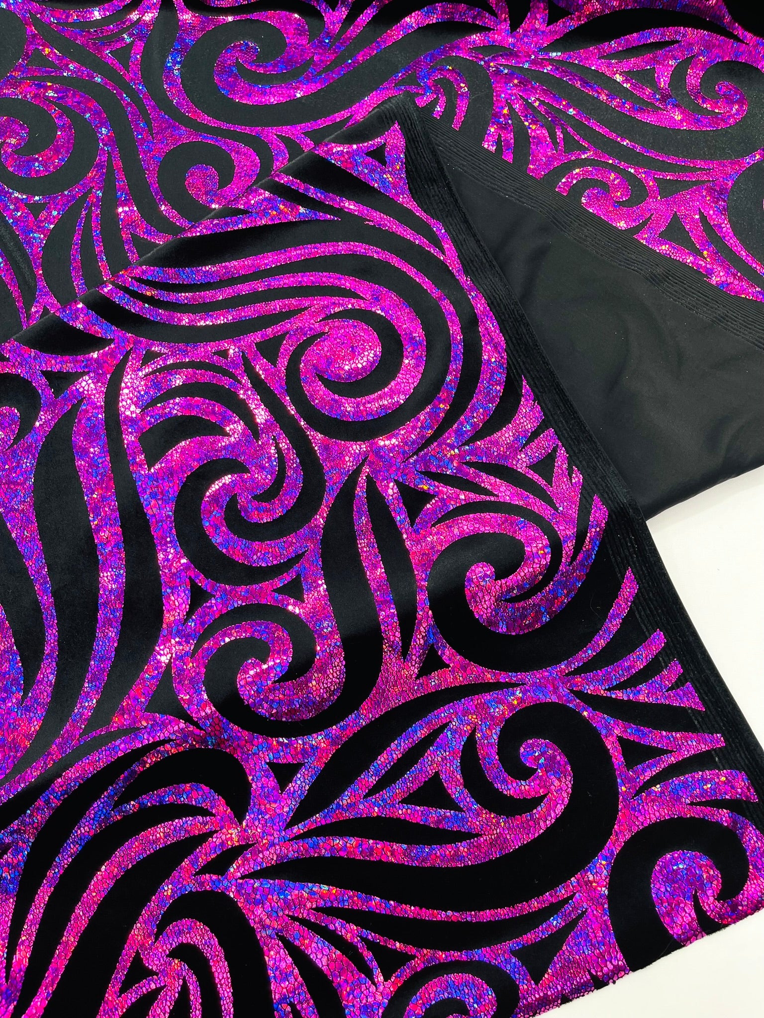 Holographic Foil Tribal Flame Design On A Stretch Velvet Fabric. Sold By The Yard