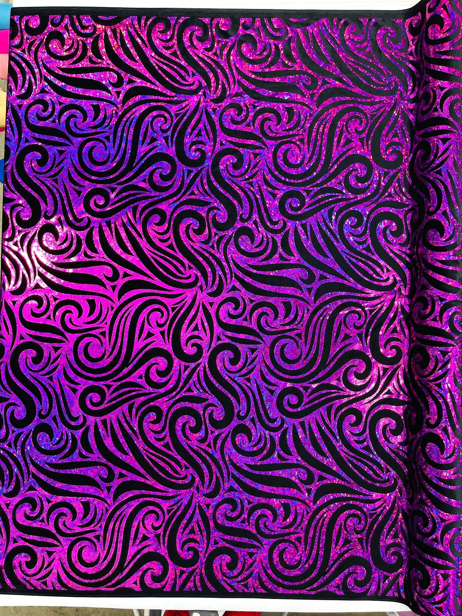 Holographic Foil Tribal Flame Design On A Stretch Velvet Fabric. Sold By The Yard