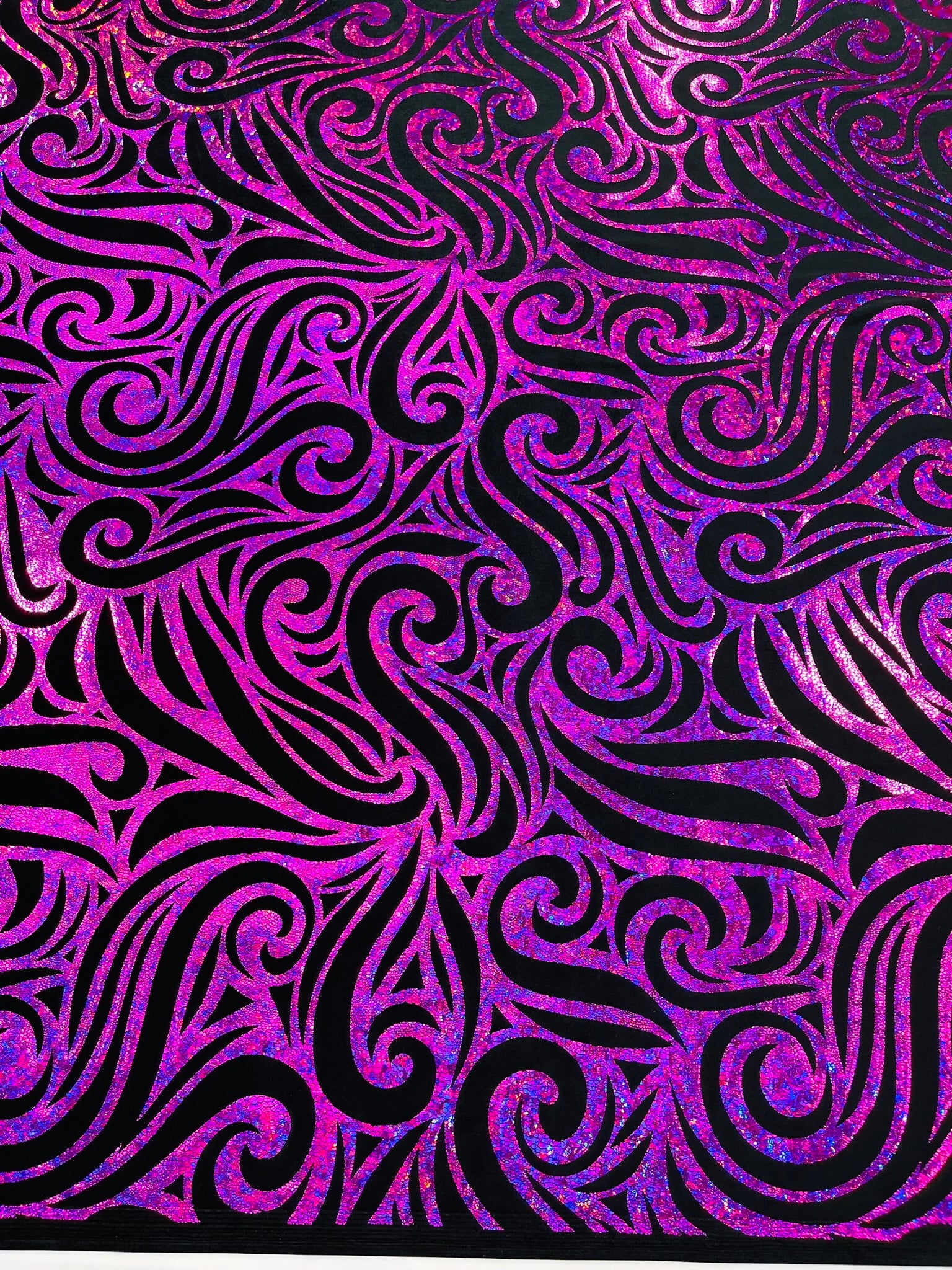 Holographic Foil Tribal Flame Design On A Stretch Velvet Fabric. Sold By The Yard