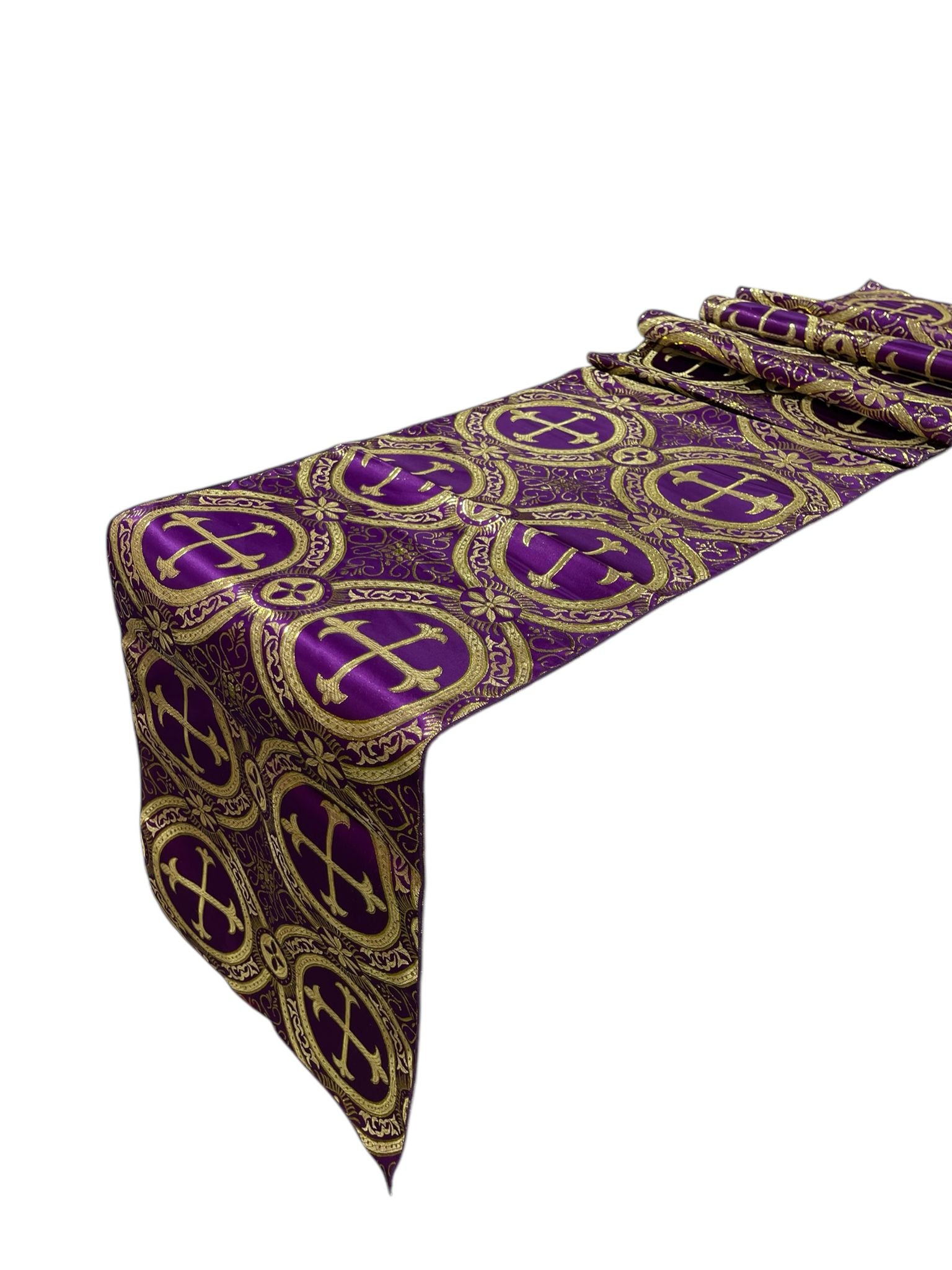 Religious Brocade Runner Tablecloth | Liturgical Fabric | Runner Ecclesiastical Jacquard | Church | Vestment-Cross Brocade.