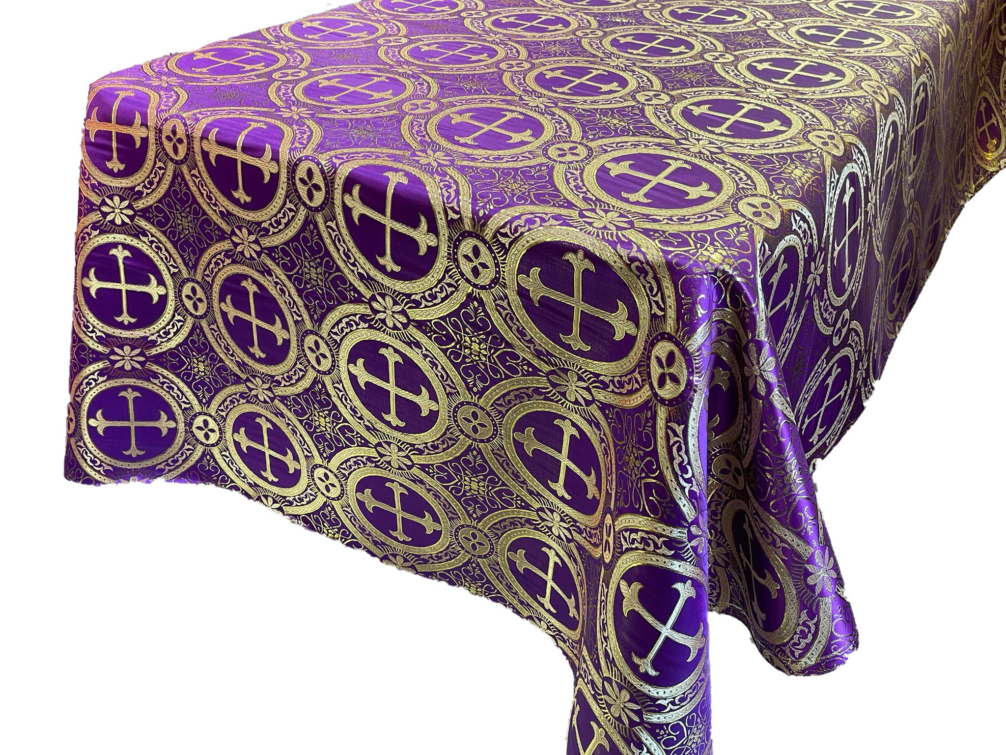 Purple/Gold - Square Metallic Cross Brocade Jacquard Satin Table Overlay/Religious Brocade/Liturgical Fabric/Church.