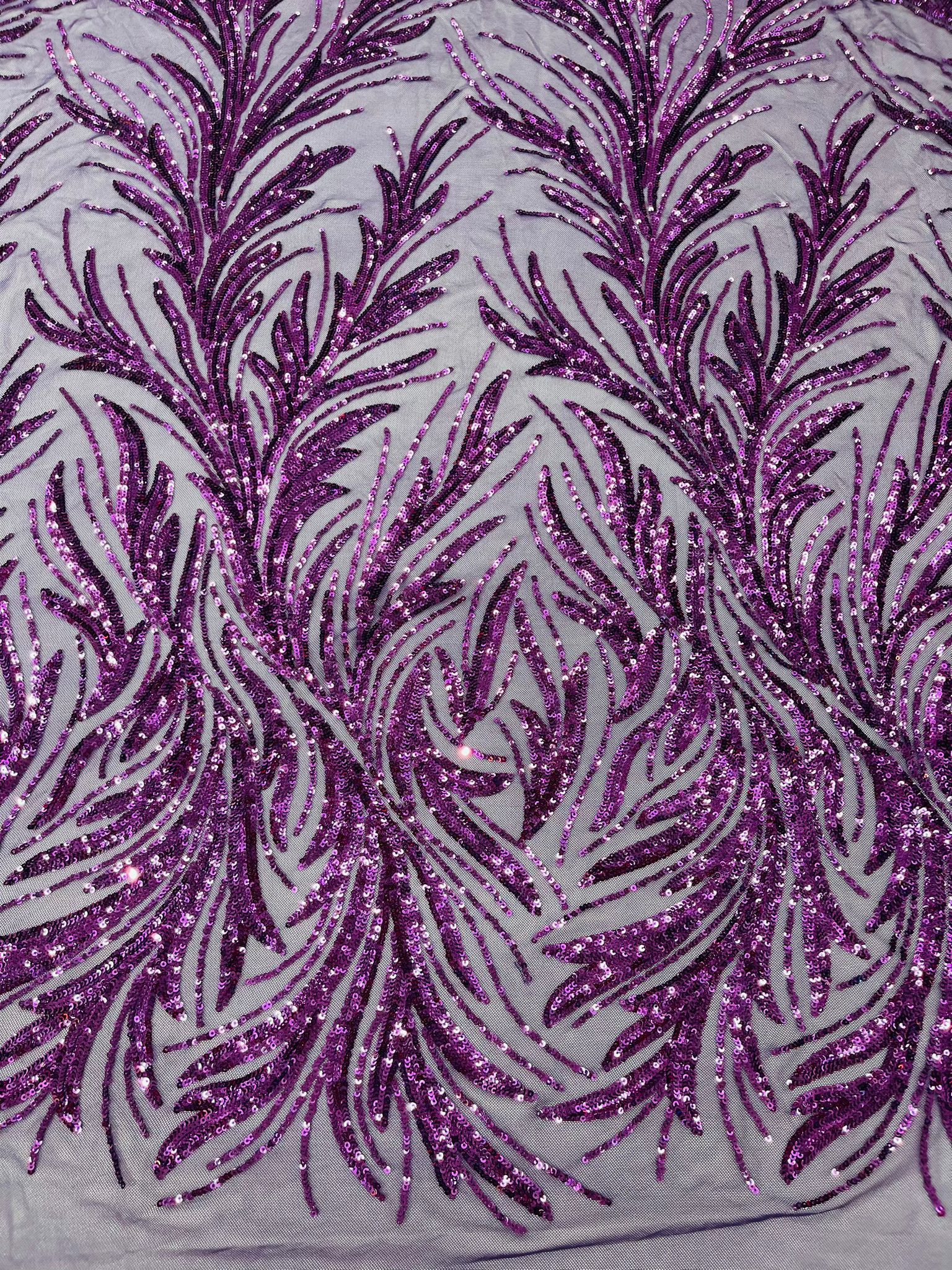 Feather Wing Shiny Sequin Design on a 4 Way Stretch mesh Fabric-Prom-Sold by The Yard.