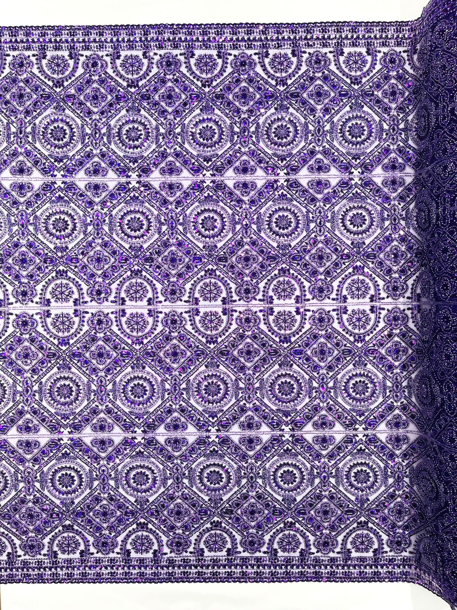 Geometric Beaded Lace Fabric, Heavy Embroidered Design on 58" Mesh for Dresses