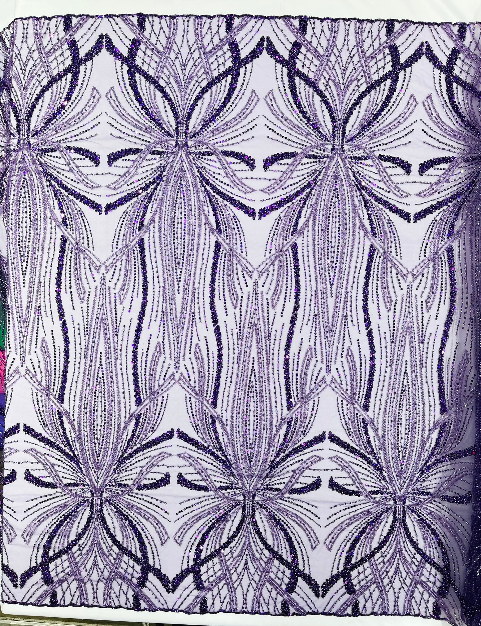 Palm Beaded Lace Fabric, Heavy Embroidered Design on 58" Mesh for Dresses