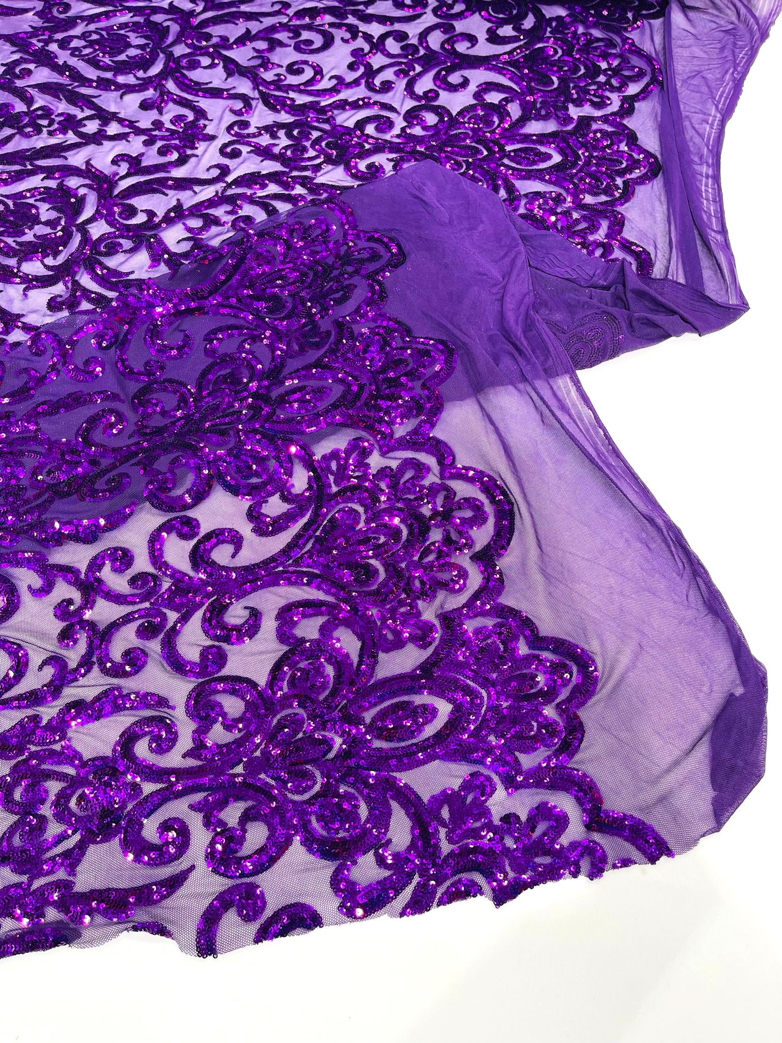 King Damask Design Sequins - 4 Way Stretch Lace Mesh Embroidered Sequins By Yard.