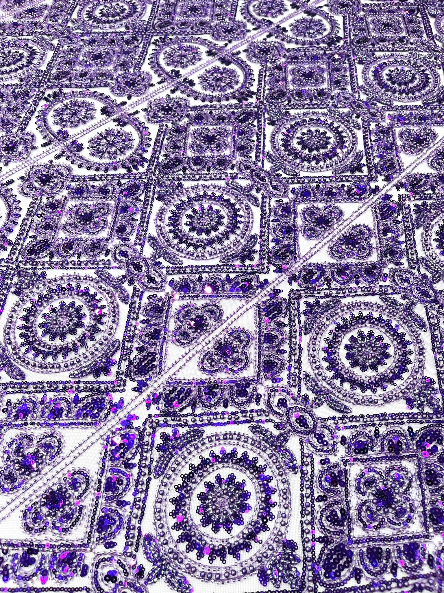 Geometric Beaded Lace Fabric, Heavy Embroidered Design on 58" Mesh for Dresses
