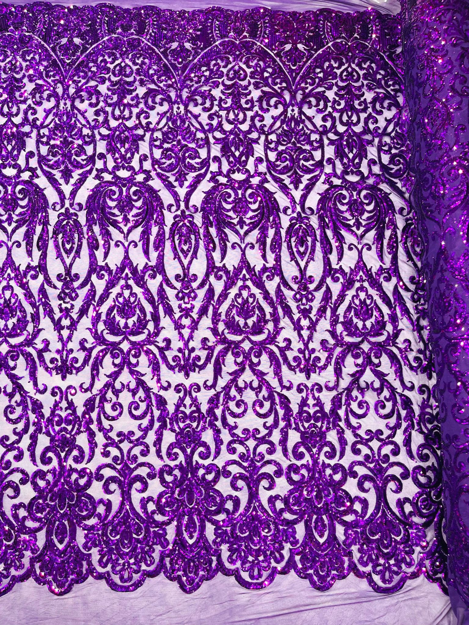 King Damask Design Sequins - 4 Way Stretch Lace Mesh Embroidered Sequins By Yard.