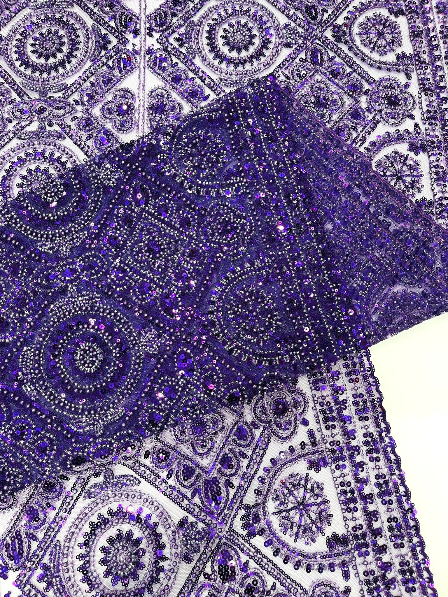 Geometric Beaded Lace Fabric, Heavy Embroidered Design on 58" Mesh for Dresses