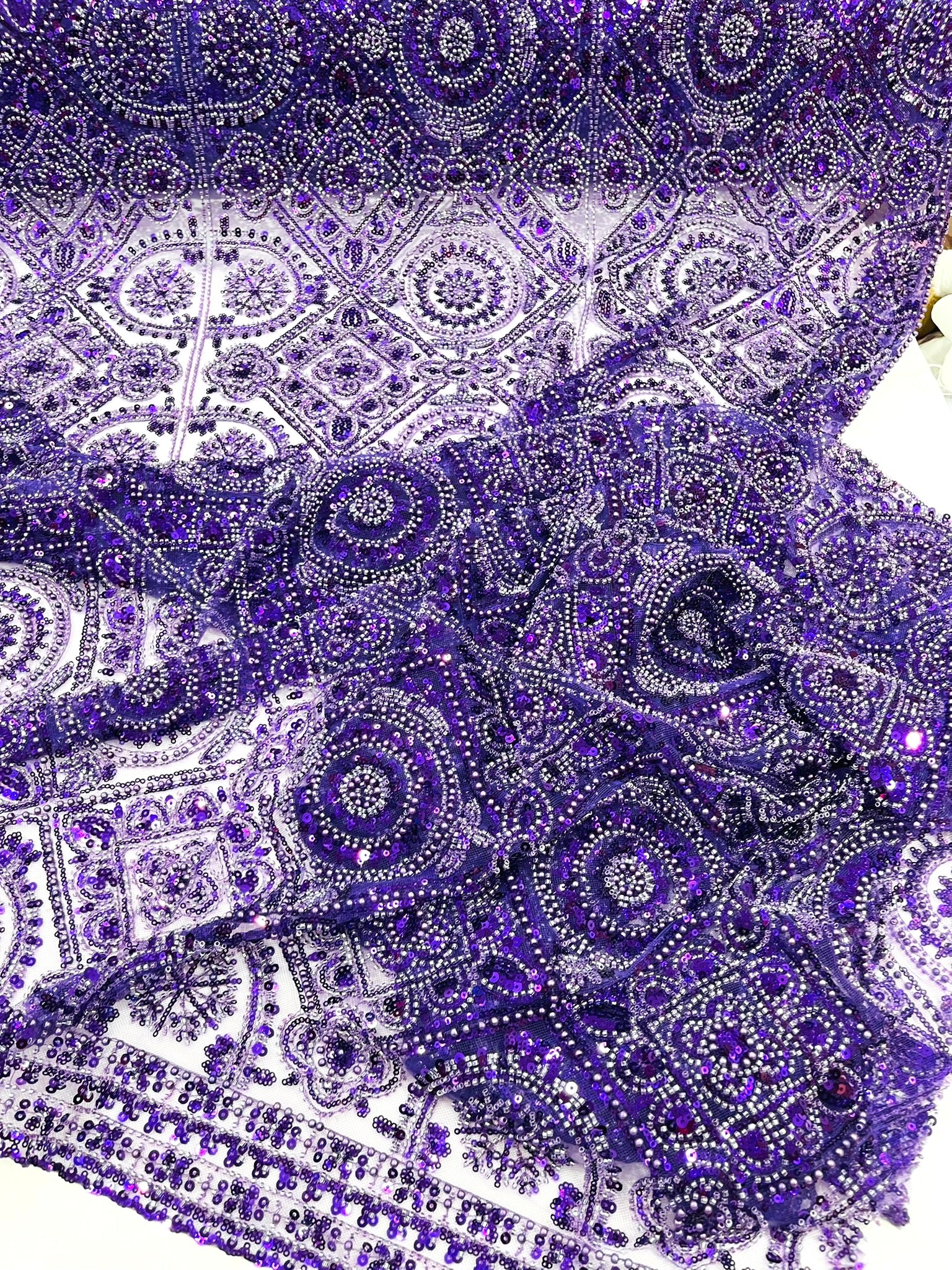 Geometric Beaded Lace Fabric, Heavy Embroidered Design on 58" Mesh for Dresses