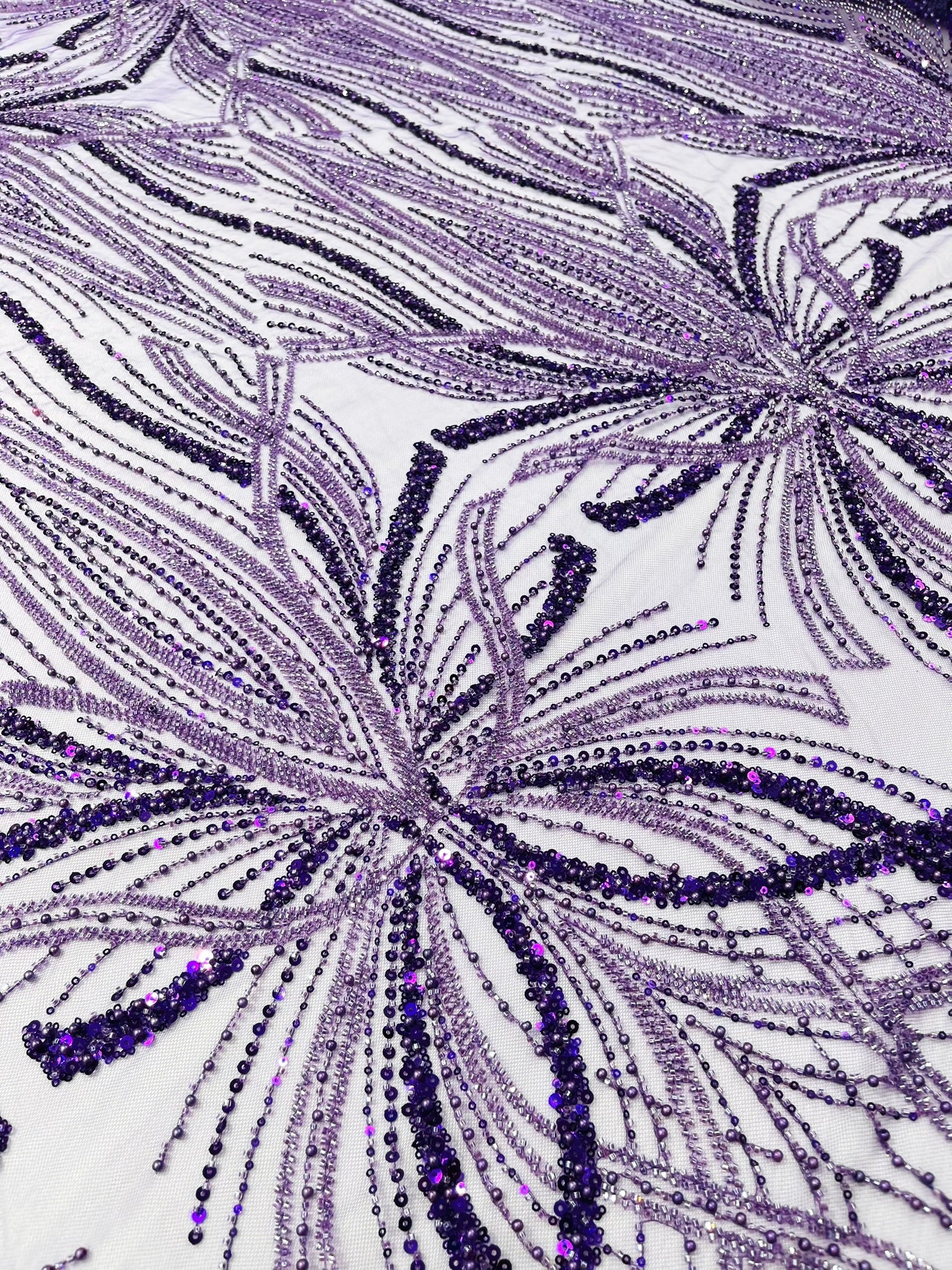 Palm Beaded Lace Fabric, Heavy Embroidered Design on 58" Mesh for Dresses