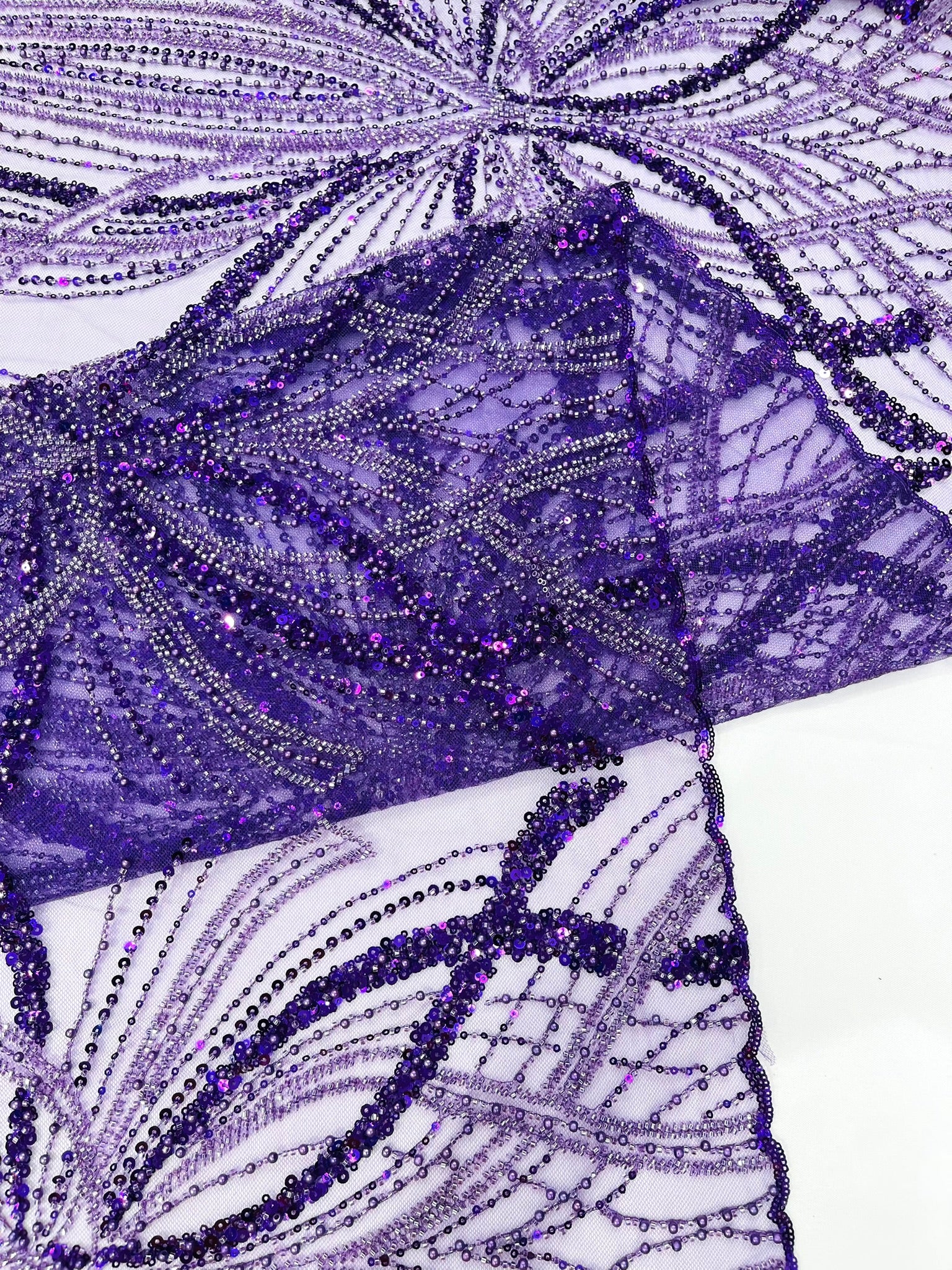 Palm Beaded Lace Fabric, Heavy Embroidered Design on 58" Mesh for Dresses