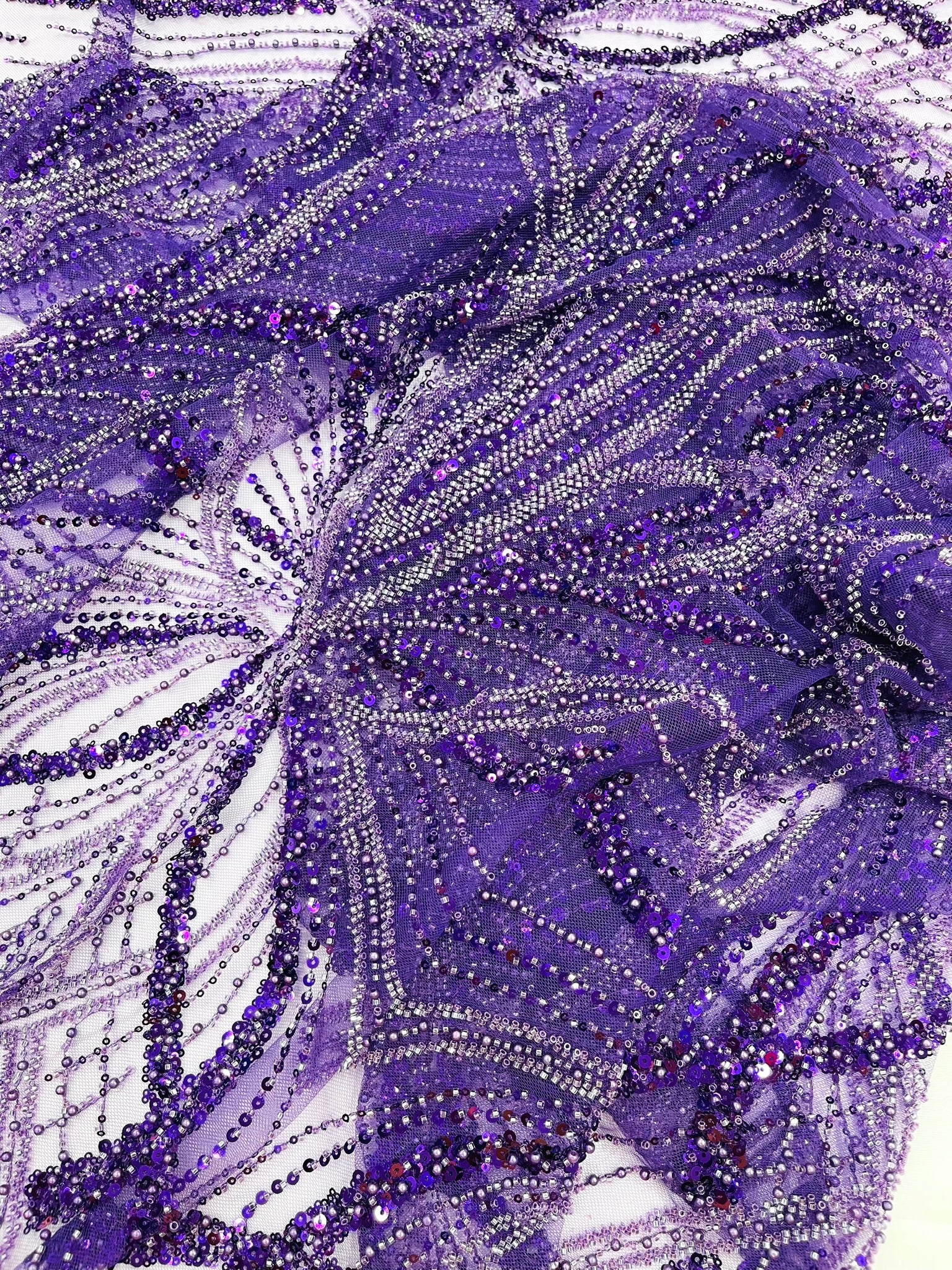 Palm Beaded Lace Fabric, Heavy Embroidered Design on 58" Mesh for Dresses