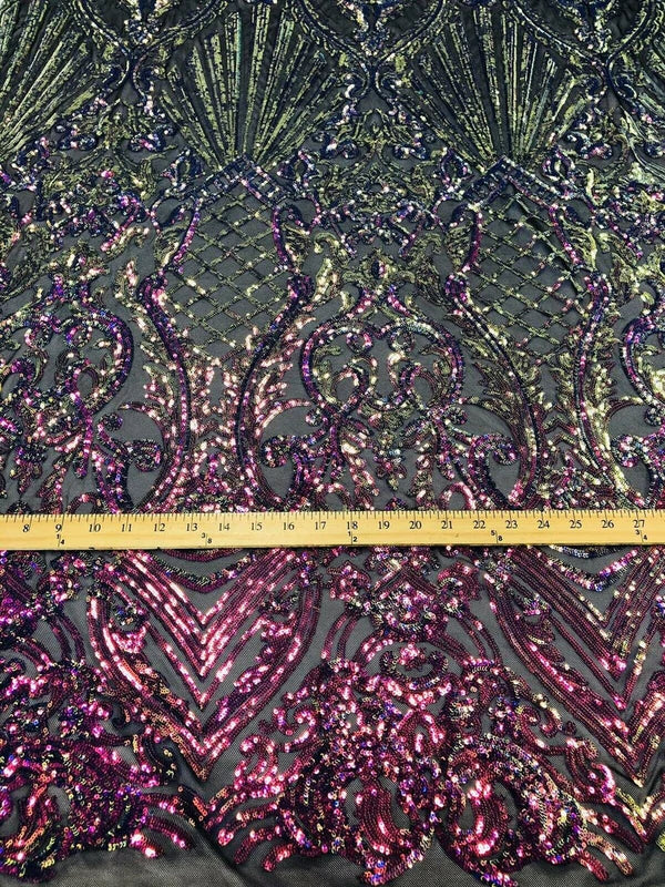 Seashell Geometric Sequins - Rainbow - Embroidered Sequins on 4 Way Stretch Lace Mesh Sold By Yard