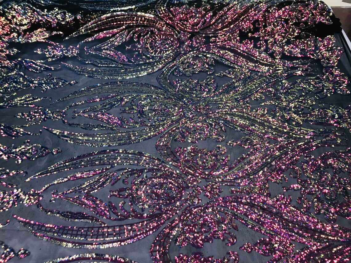 Big Damask 4 Way Sequins - Rainbow Iridescent - Embroidered Damask Design Sequins Fabric Sold By Yard