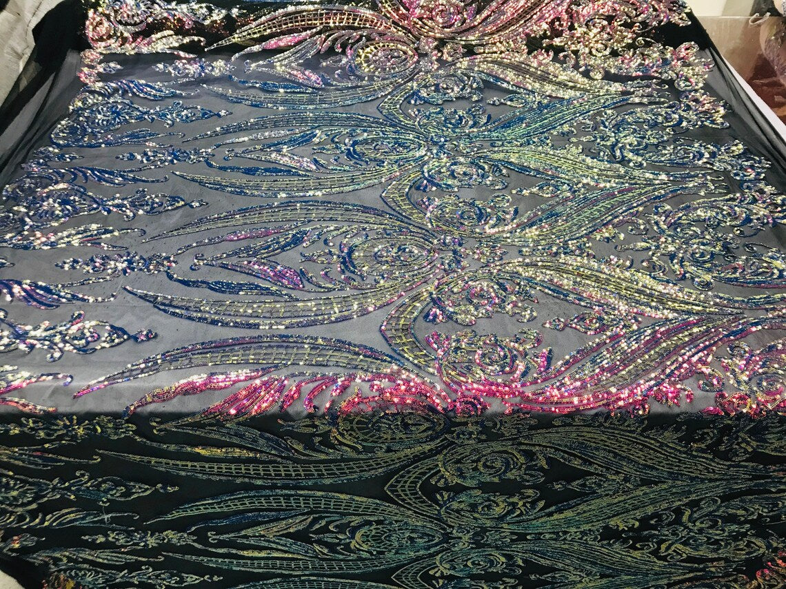 Big Damask 4 Way Sequins - Rainbow Iridescent - Embroidered Damask Design Sequins Fabric Sold By Yard