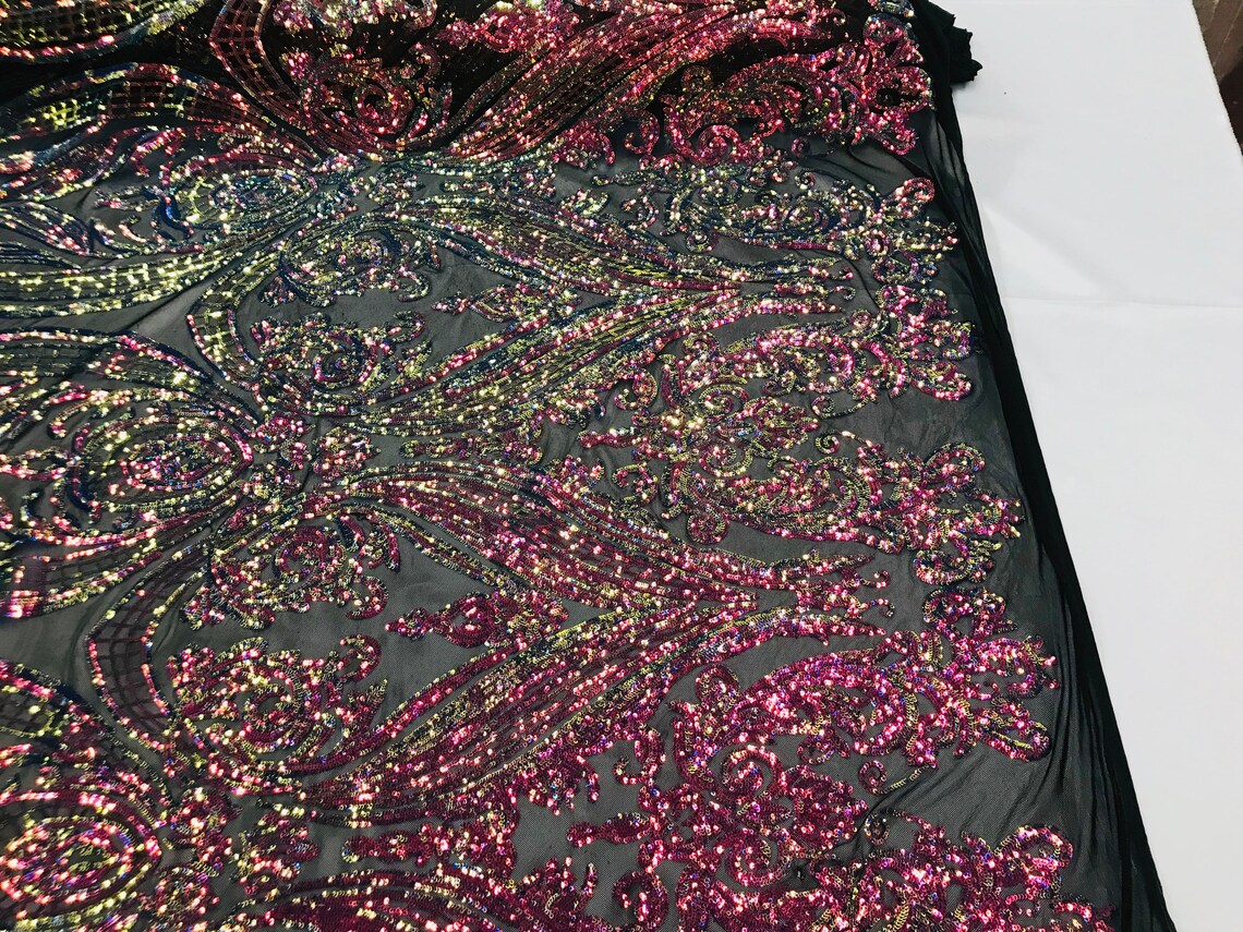 Big Damask 4 Way Sequins - Rainbow Iridescent - Embroidered Damask Design Sequins Fabric Sold By Yard