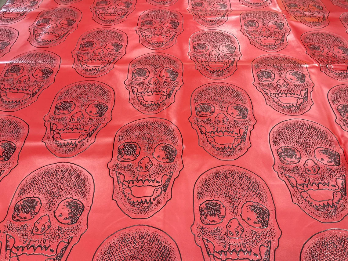 Skull Print Vinyl Fabric - Red - High Quality Skull Skeleton Print Fabric Sold By Yard