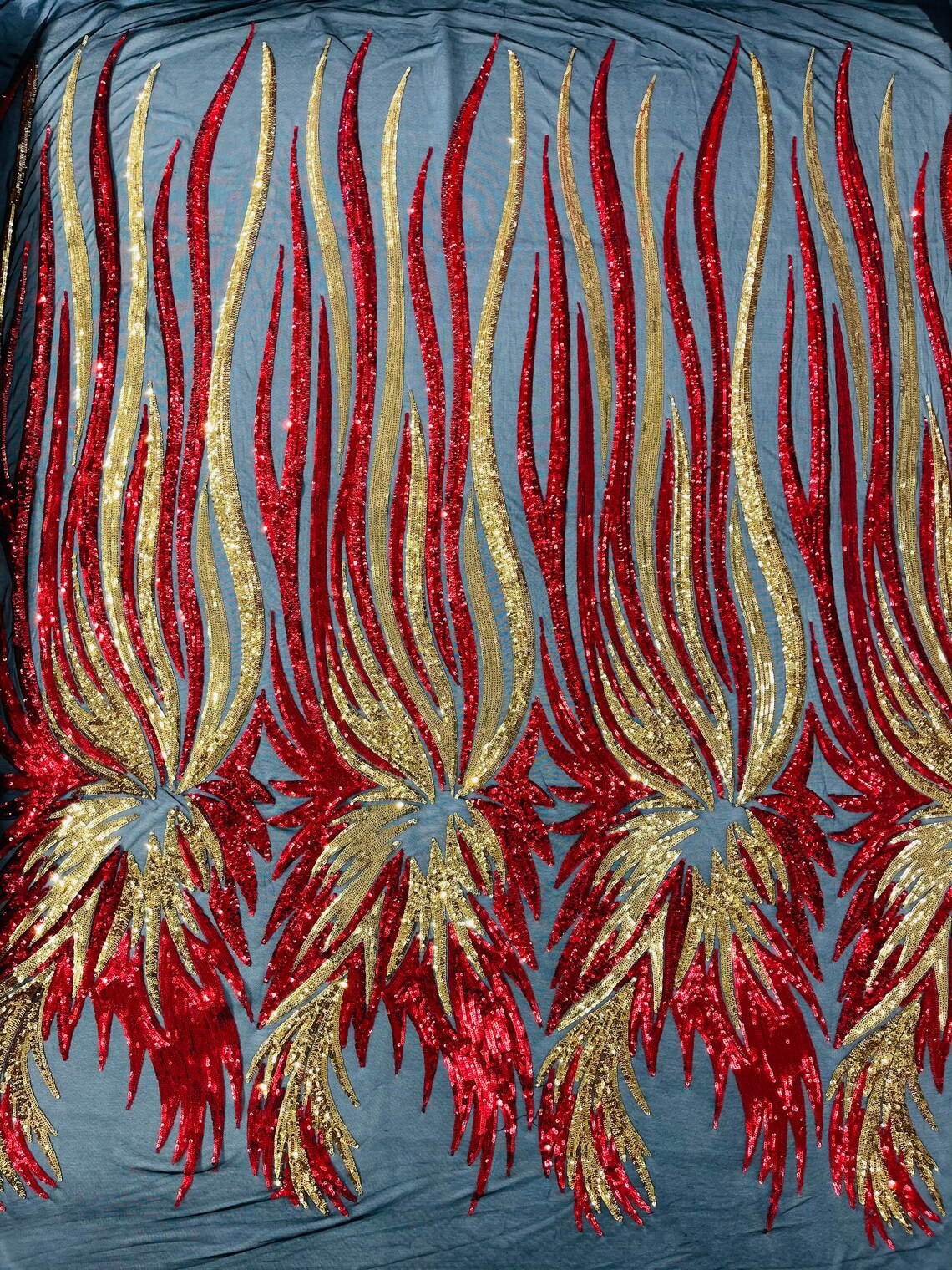 Wings Sequins Fabric - Red / Gold on Black - Large Feather Wings 4 Way Stretch Sequins Design By Yard