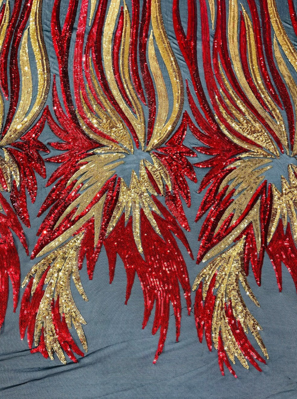 Wings Sequins Fabric - Red / Gold on Black - Large Feather Wings 4 Way Stretch Sequins Design By Yard