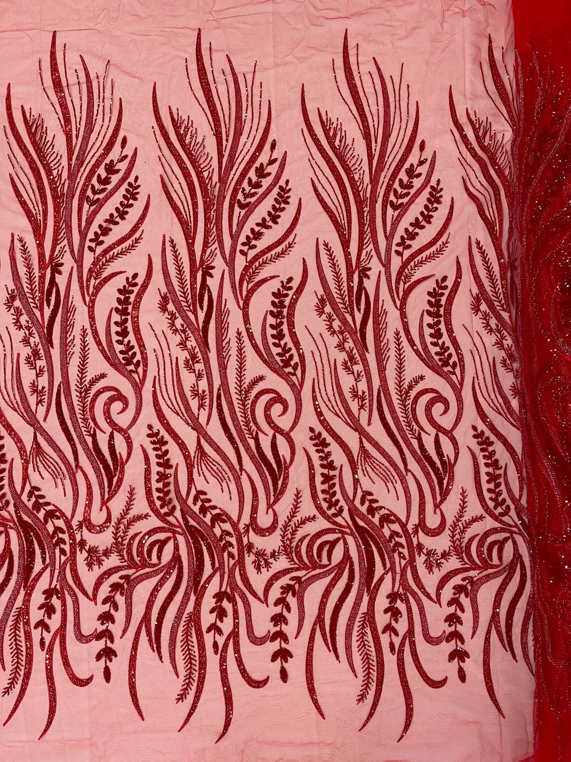 Sea Plants Design Bead Fabric - Red - Embroidered Beaded Seaweed Design Fabric By Yard