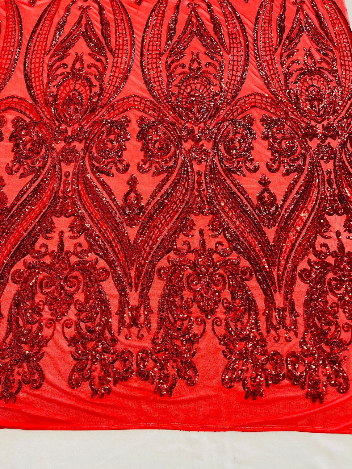 Big Damask 4 Way Sequins - Red - Embroidered Damask Design Sequins Fabric Sold By Yard