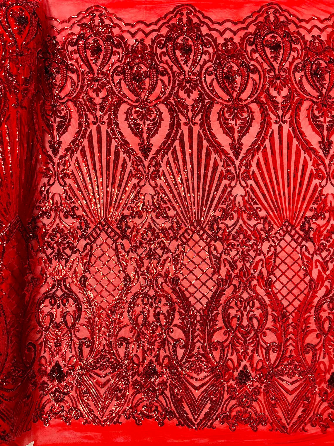 Seashell Geometric Sequins - Red - Embroidered Sequins on 4 Way Stretch Lace Mesh Sold By Yard