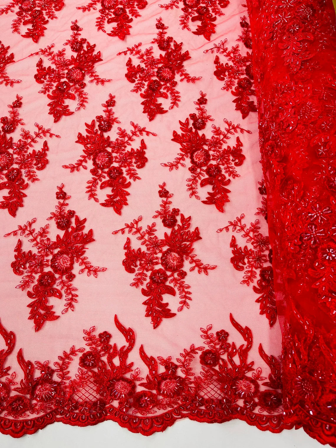 Floral Leaf Bead Sequins Fabric - Red - Embroidered Flower and Leaves Design Fabric By Yard