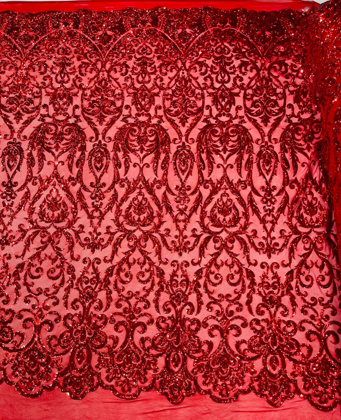 King Damask Design Sequins - Red - 4 Way Stretch Lace Mesh Embroidered Sequins By Yard