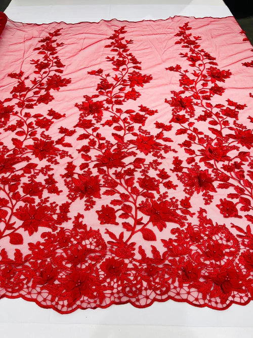 3D Floral Princess Fabric - Red - Embroidered Floral Lace Fabric with 3D Flowers By Yard