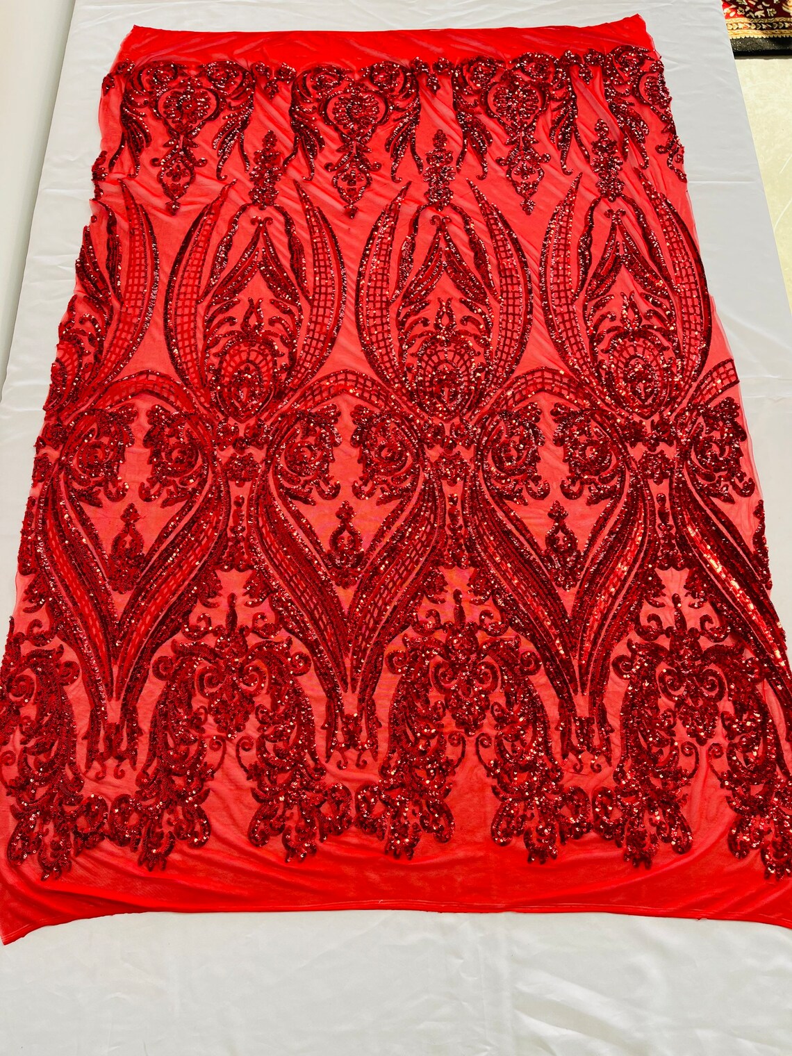 Big Damask 4 Way Sequins - Red - Embroidered Damask Design Sequins Fabric Sold By Yard