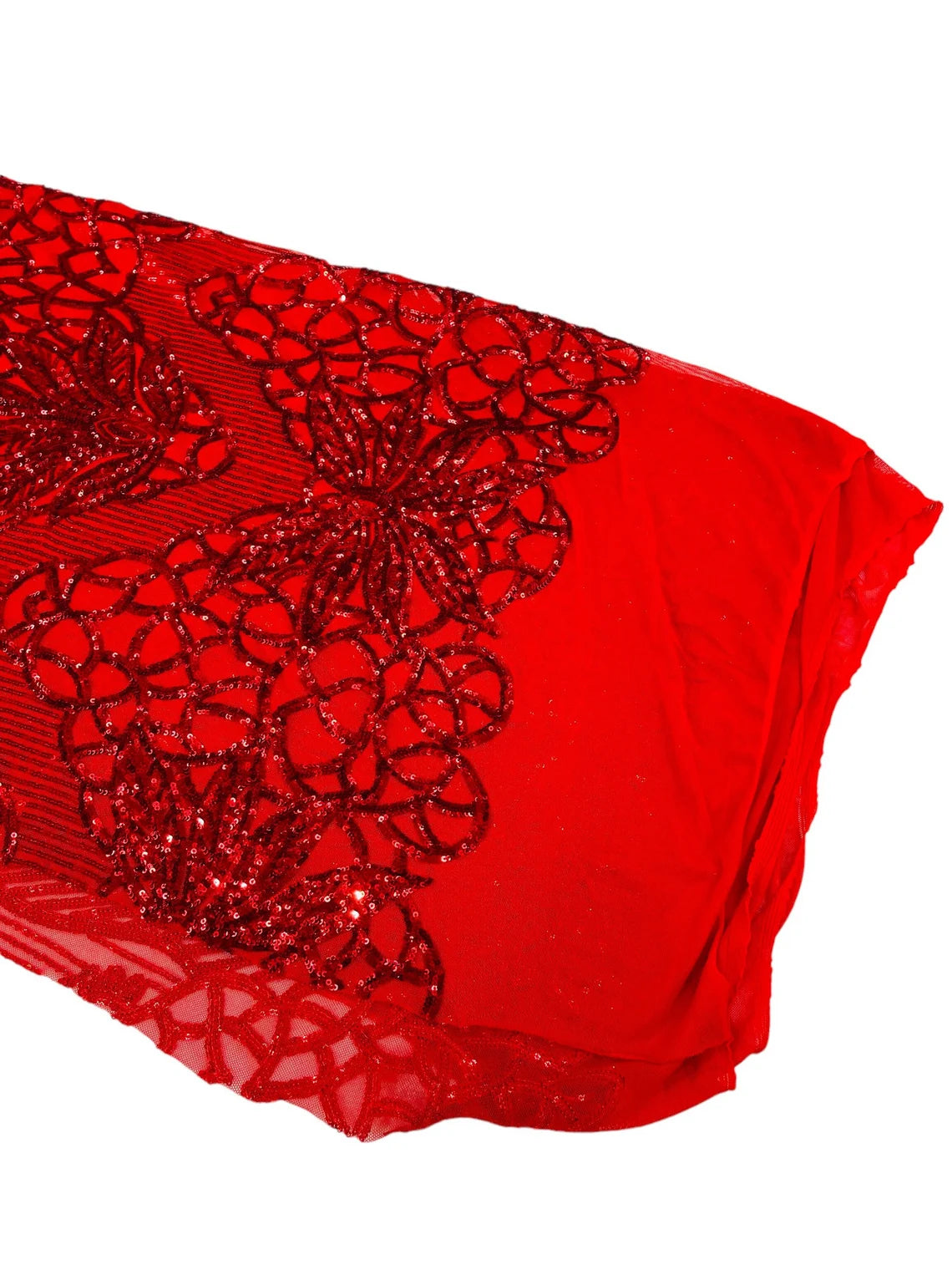 Gorgeous Star Leaf Fabric - Red - Leaf Design Embroidered 4 Way Stretch Sequins Fabric By Yard