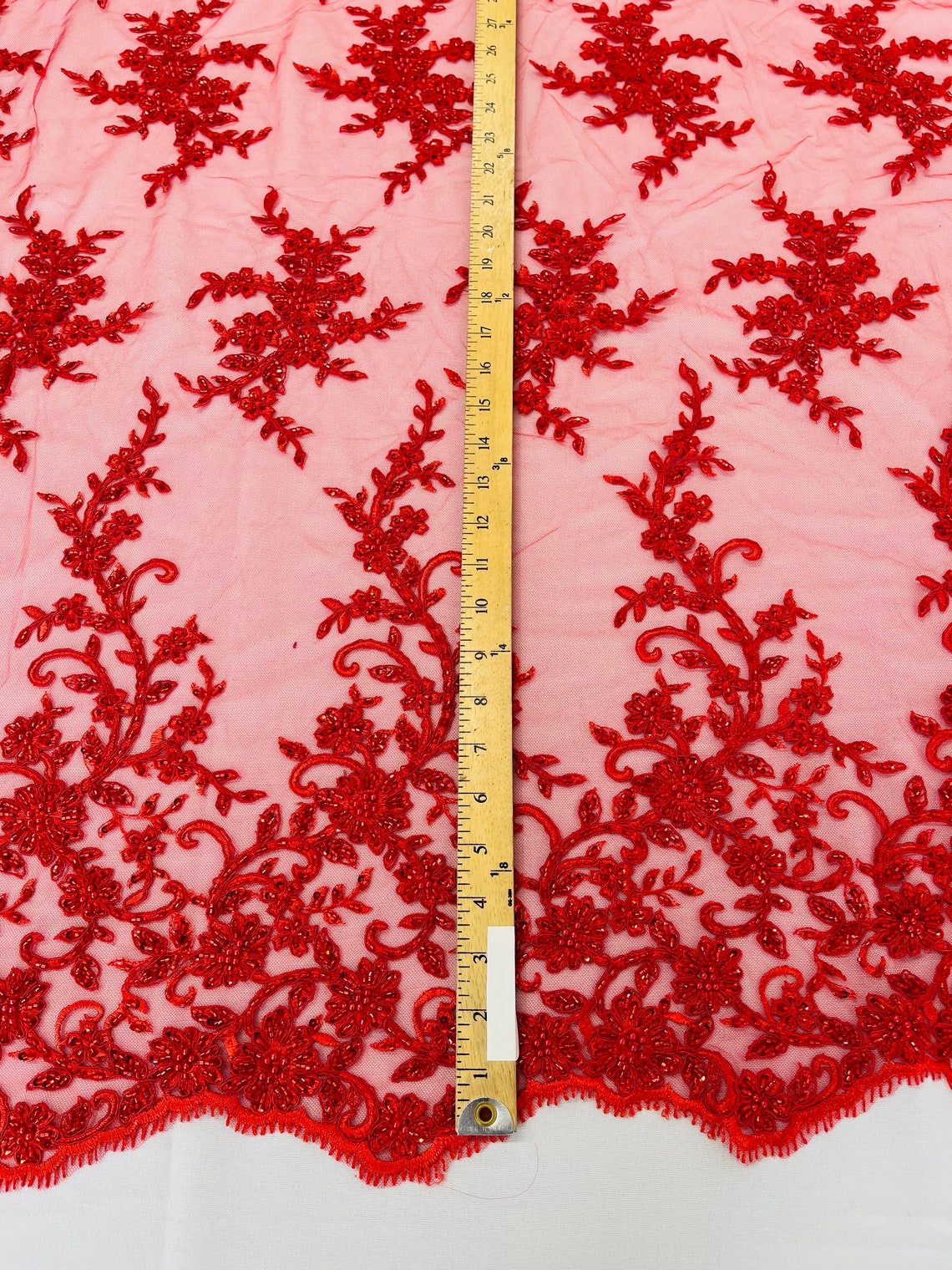 Floral Long Border Bead Fabric - Red - Embroidered Floral Cluster Design Fabric By Yard