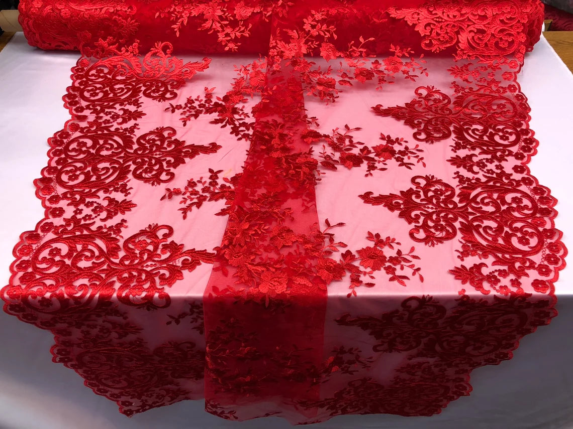 Damask Design Lace Fabric - Red - Embroidered Damask Fancy Beautiful Design Lace Fabric By Yard