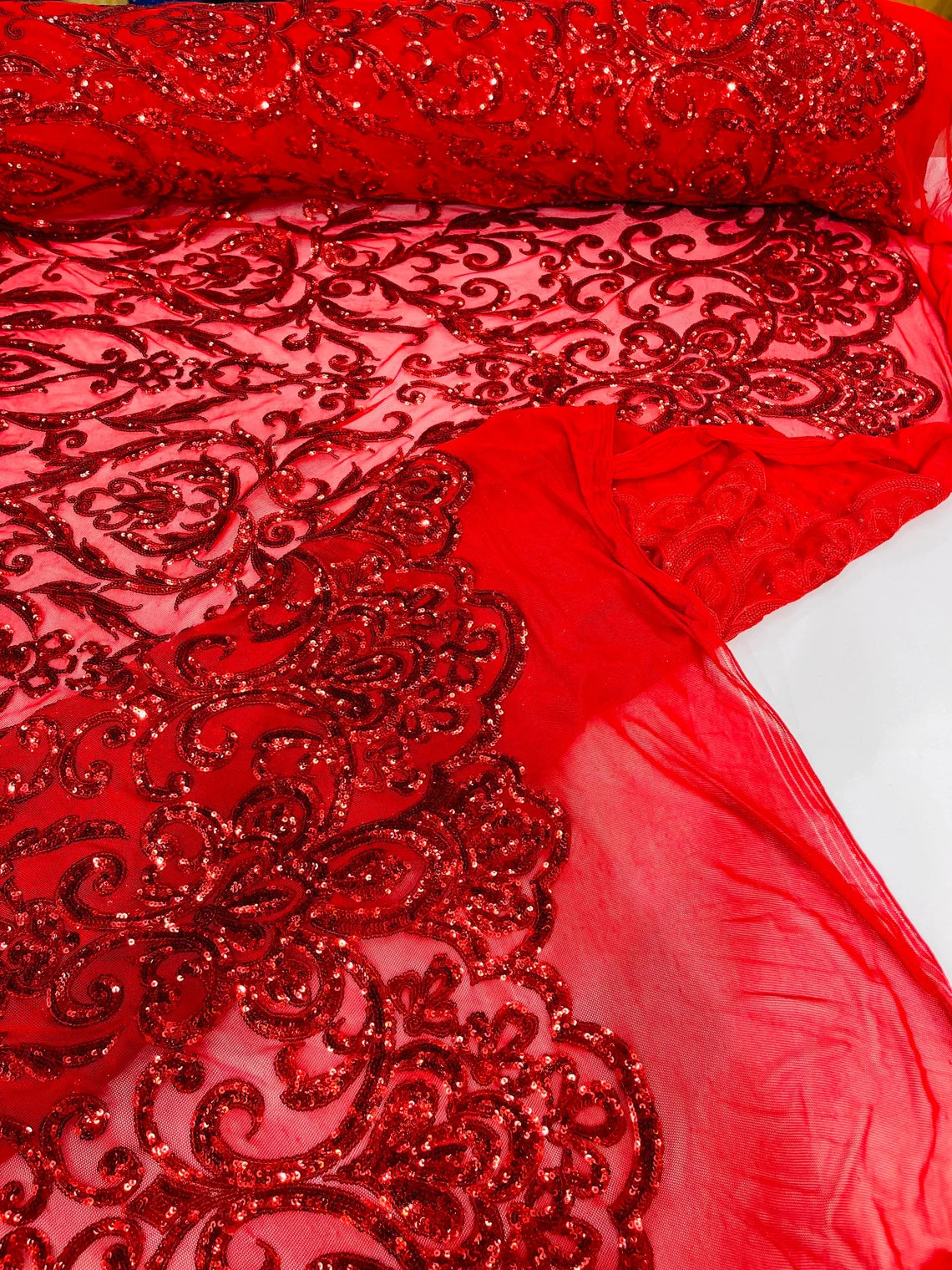 King Damask Design Sequins - Red - 4 Way Stretch Lace Mesh Embroidered Sequins By Yard